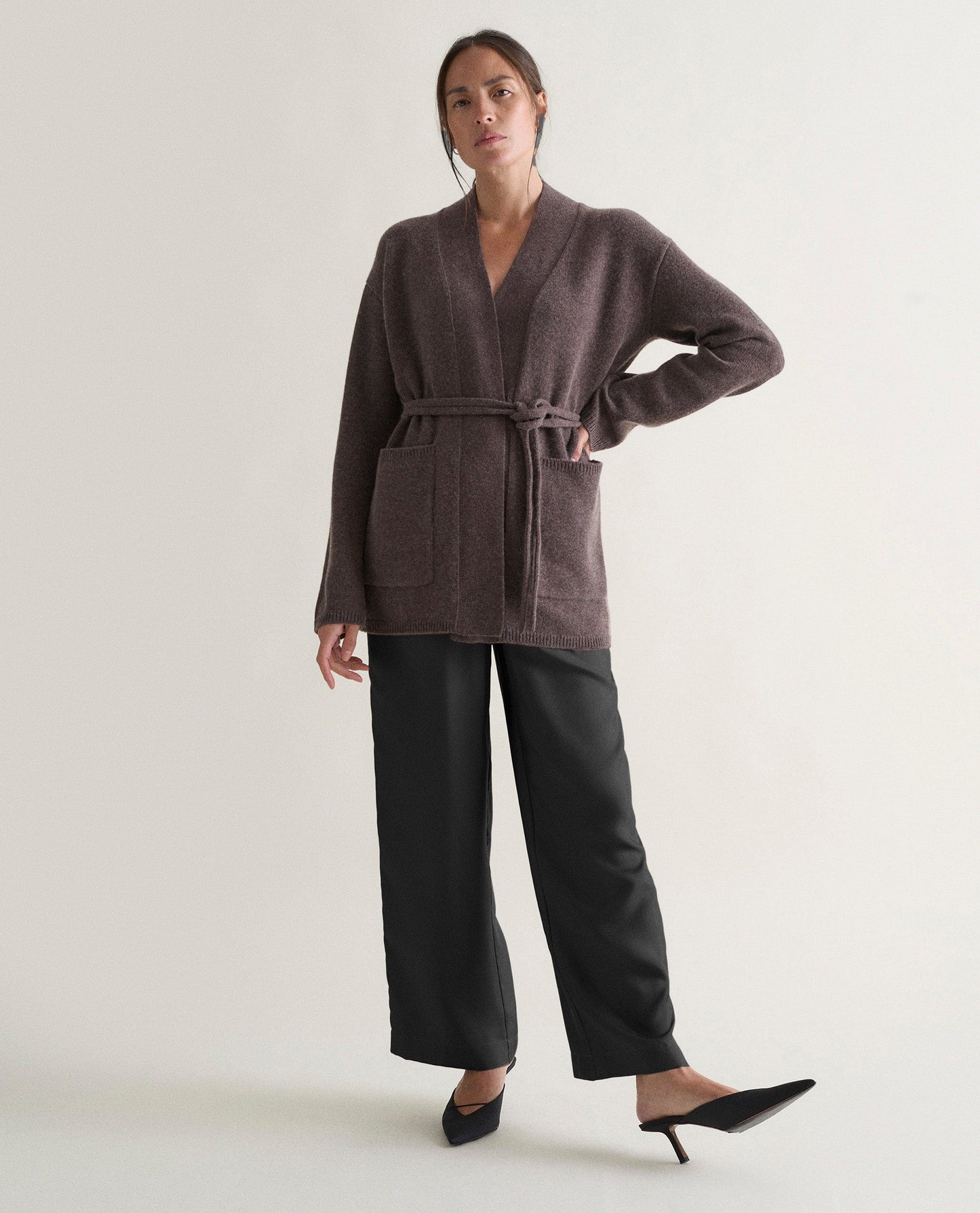Women's Cashmere Merino Belted Cardigan - Chocolate