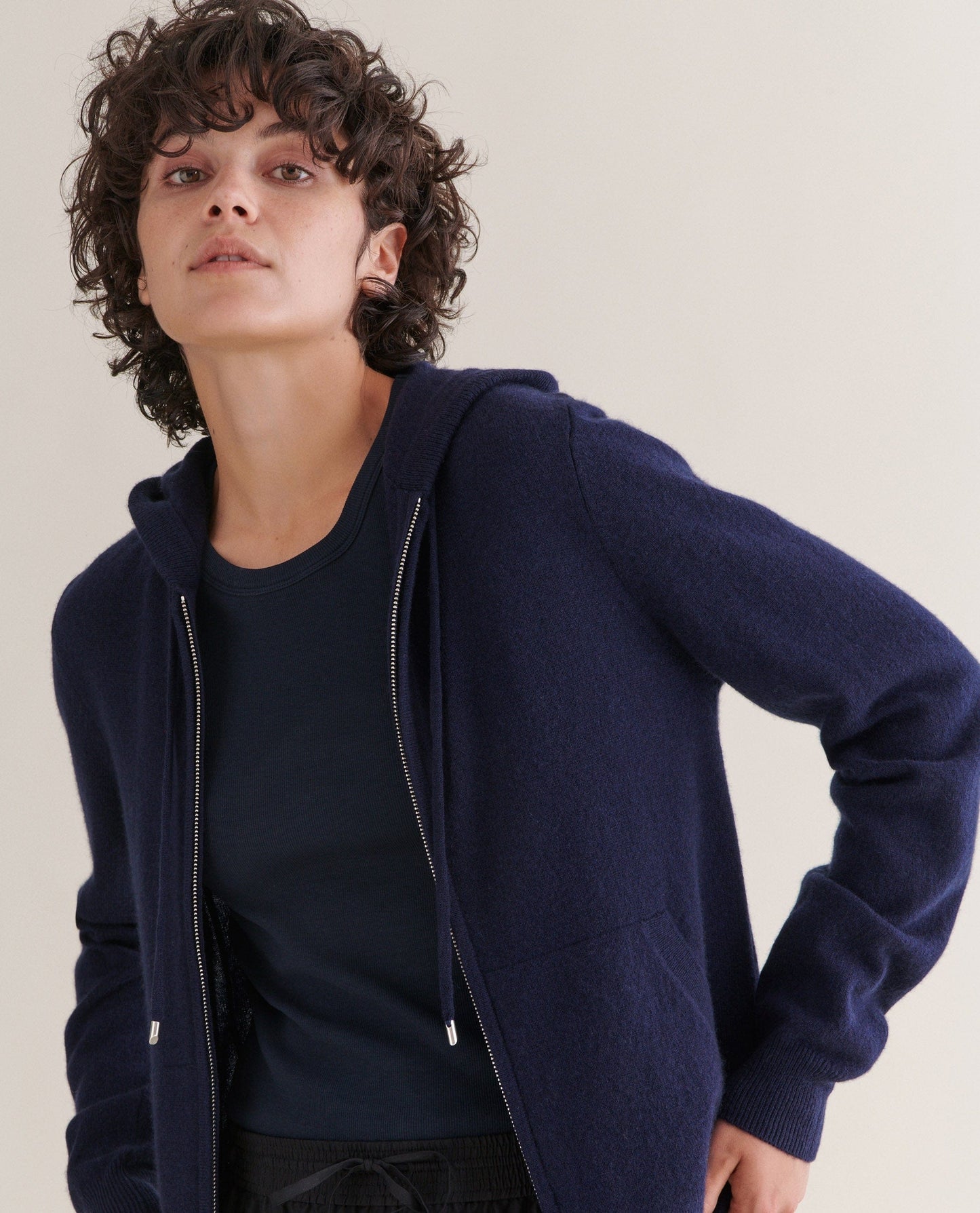 Women's Finest Cashmere Full Zip Hoodie - Navy