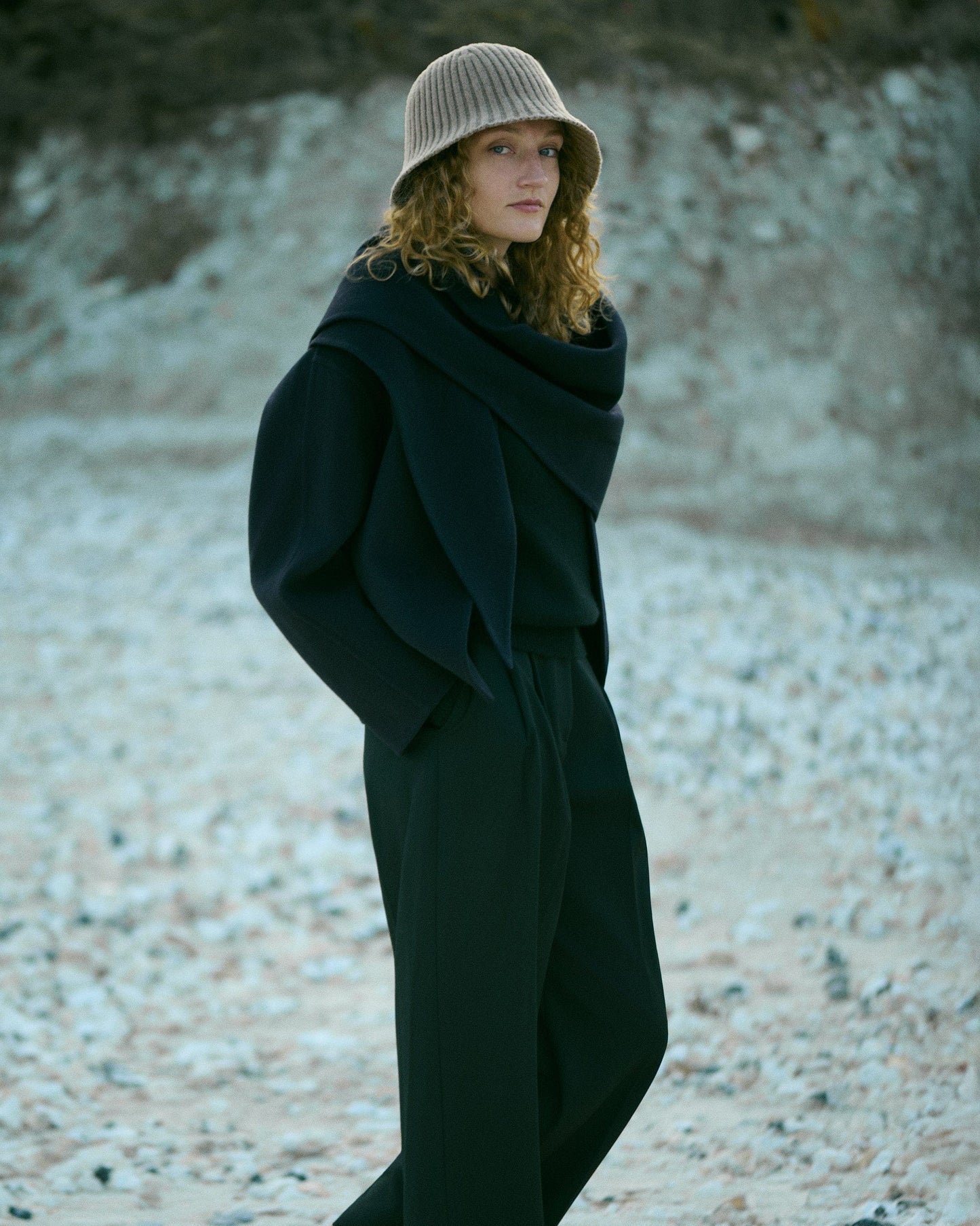 Wool Ribbed Knit Bucket Hat - Toast