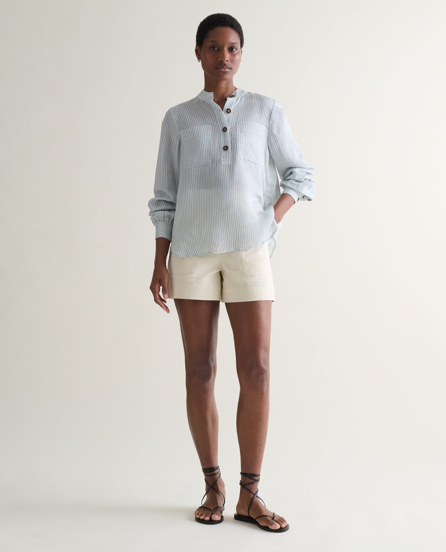 Women's Silk Stripe Grandad Collar Blouse - Blue Stripe