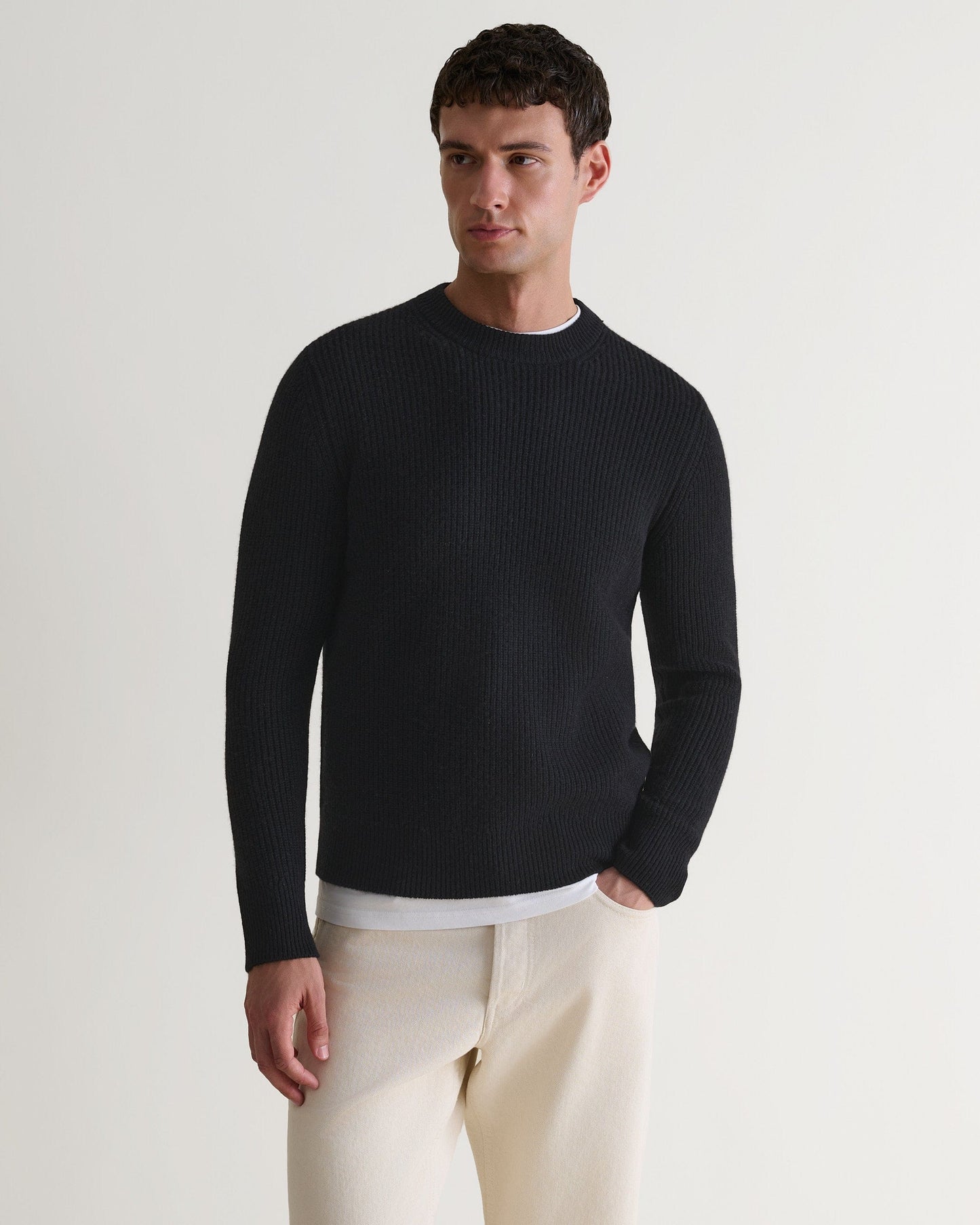 Men's Cashmere Merino Fishermans Rib Crew Neck Jumper - Black