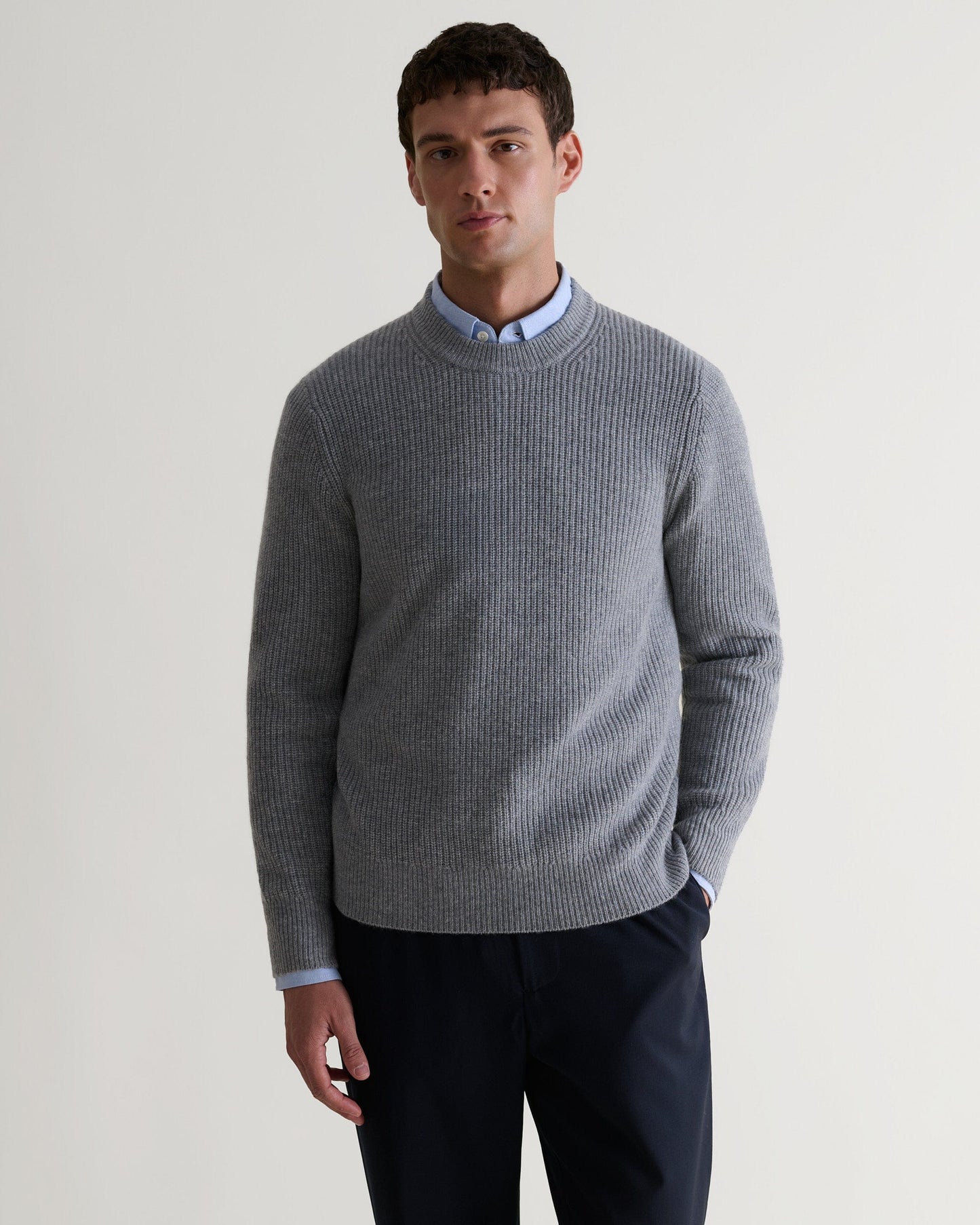 Men's Cashmere Merino Fishermans Rib Crew Neck Jumper - Medium Grey