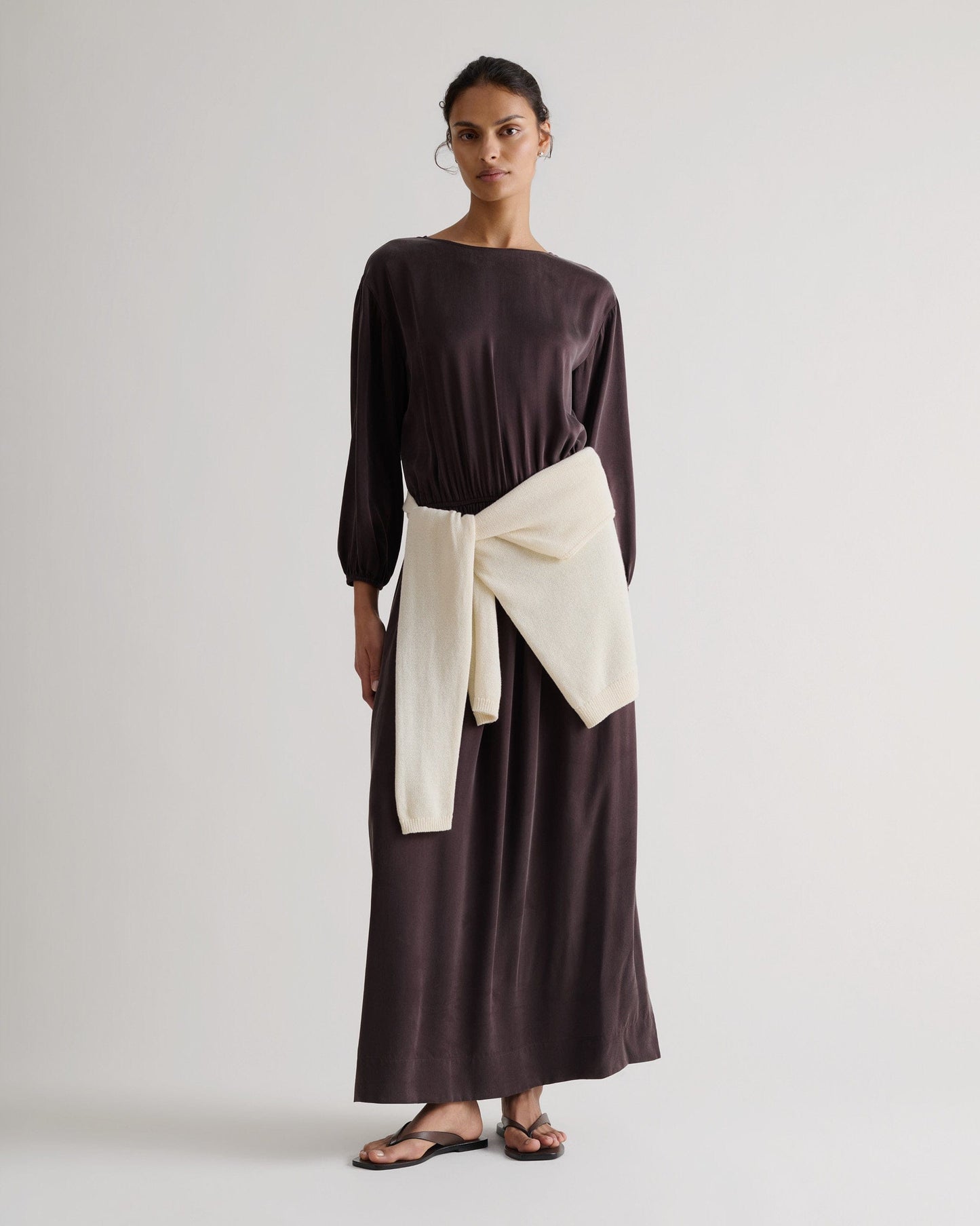 Women's Gathered Waist Easy-Silk Dress - Umber