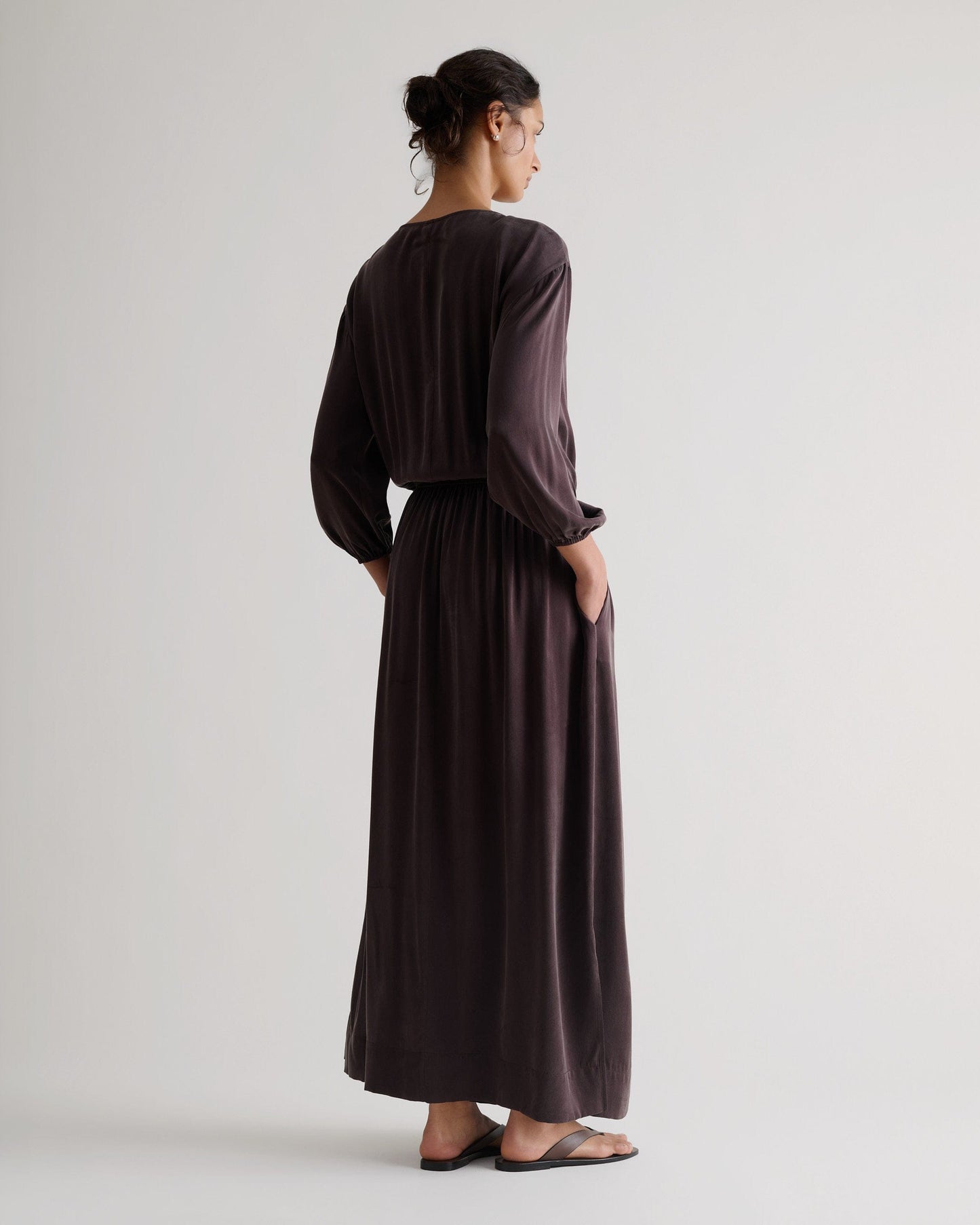 Women's Gathered Waist Easy-Silk Dress - Umber