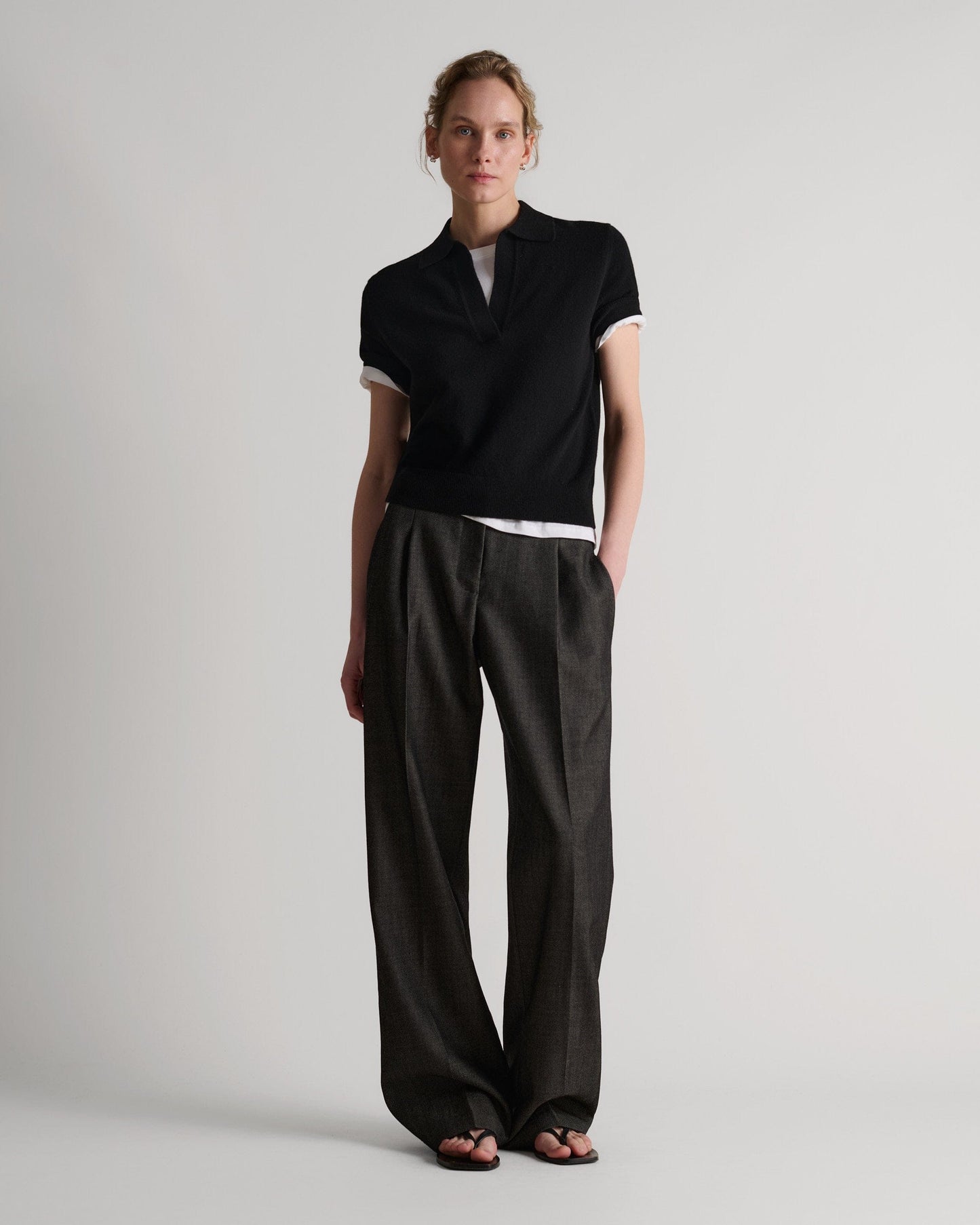 Women's Finest Cashmere Open Collar Polo - Black