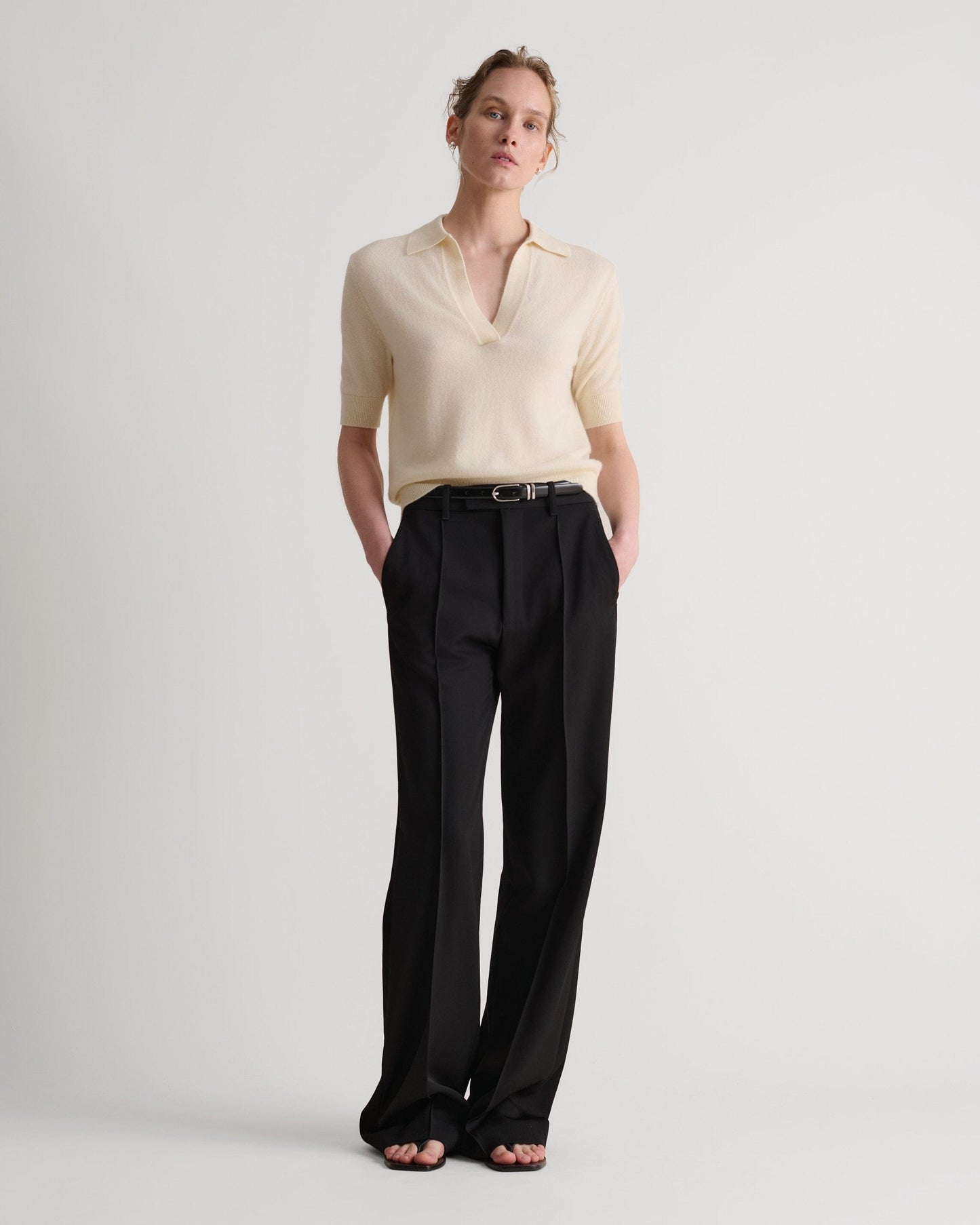 Women's Finest Cashmere Open Collar Polo - Buttermilk