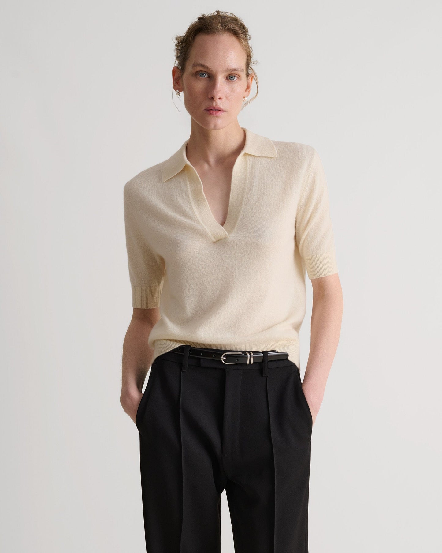 Women's Finest Cashmere Open Collar Polo - Buttermilk