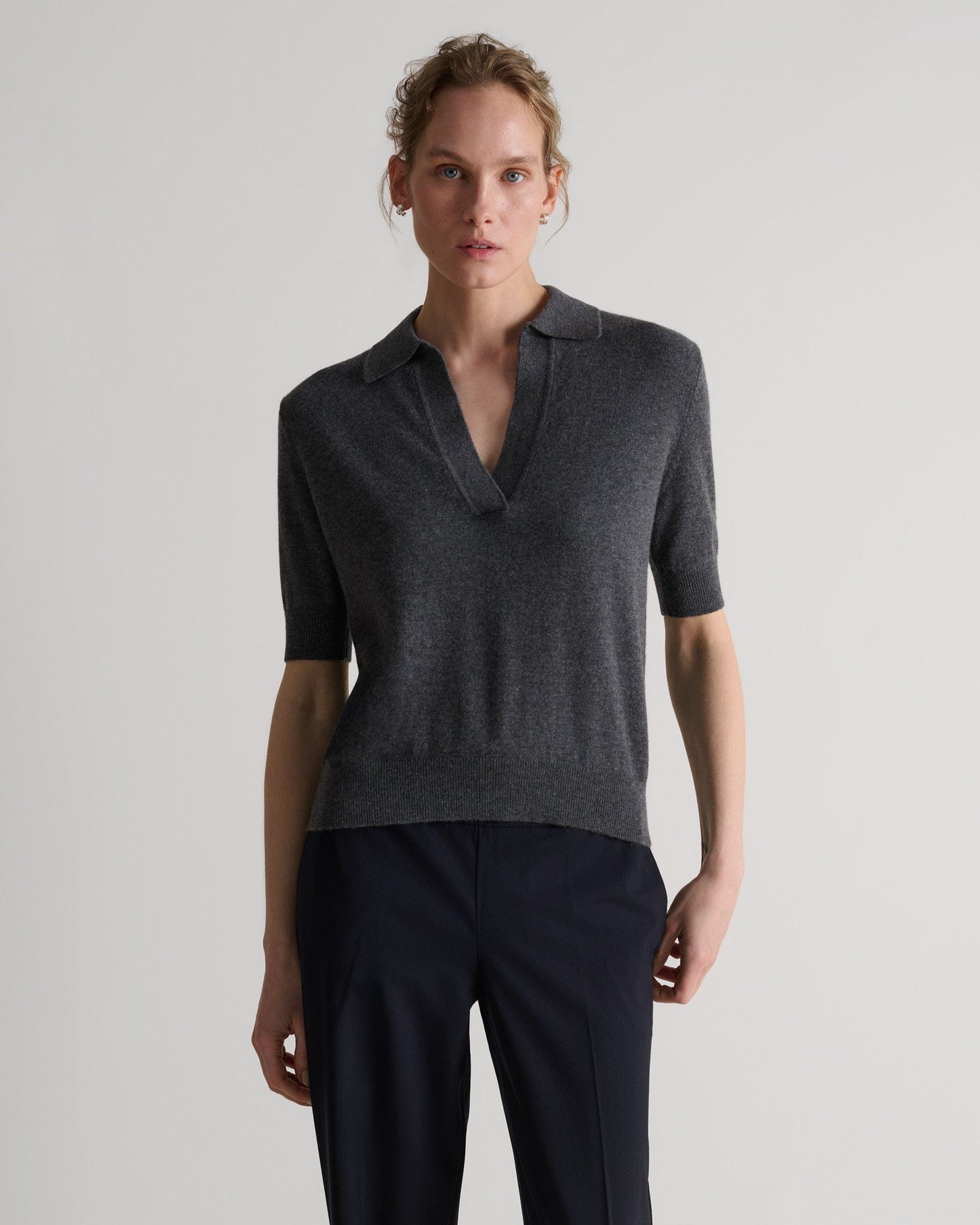 Women's Finest Cashmere Open Collar Polo - Graphite