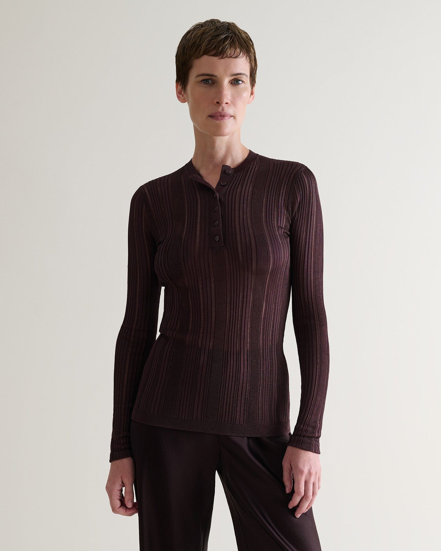 Women's Ladder Ribbed Henley Top - Chocolate
