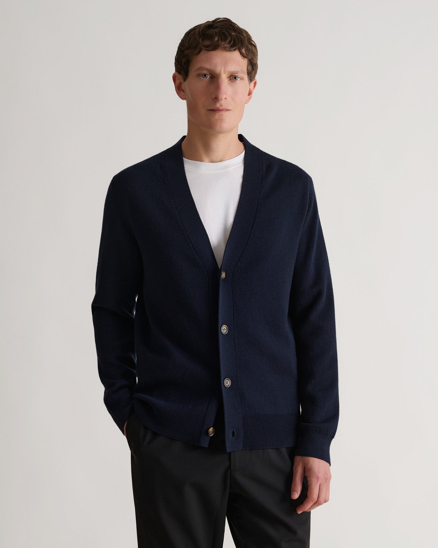 Men's Merino V Neck Cardigan - Navy
