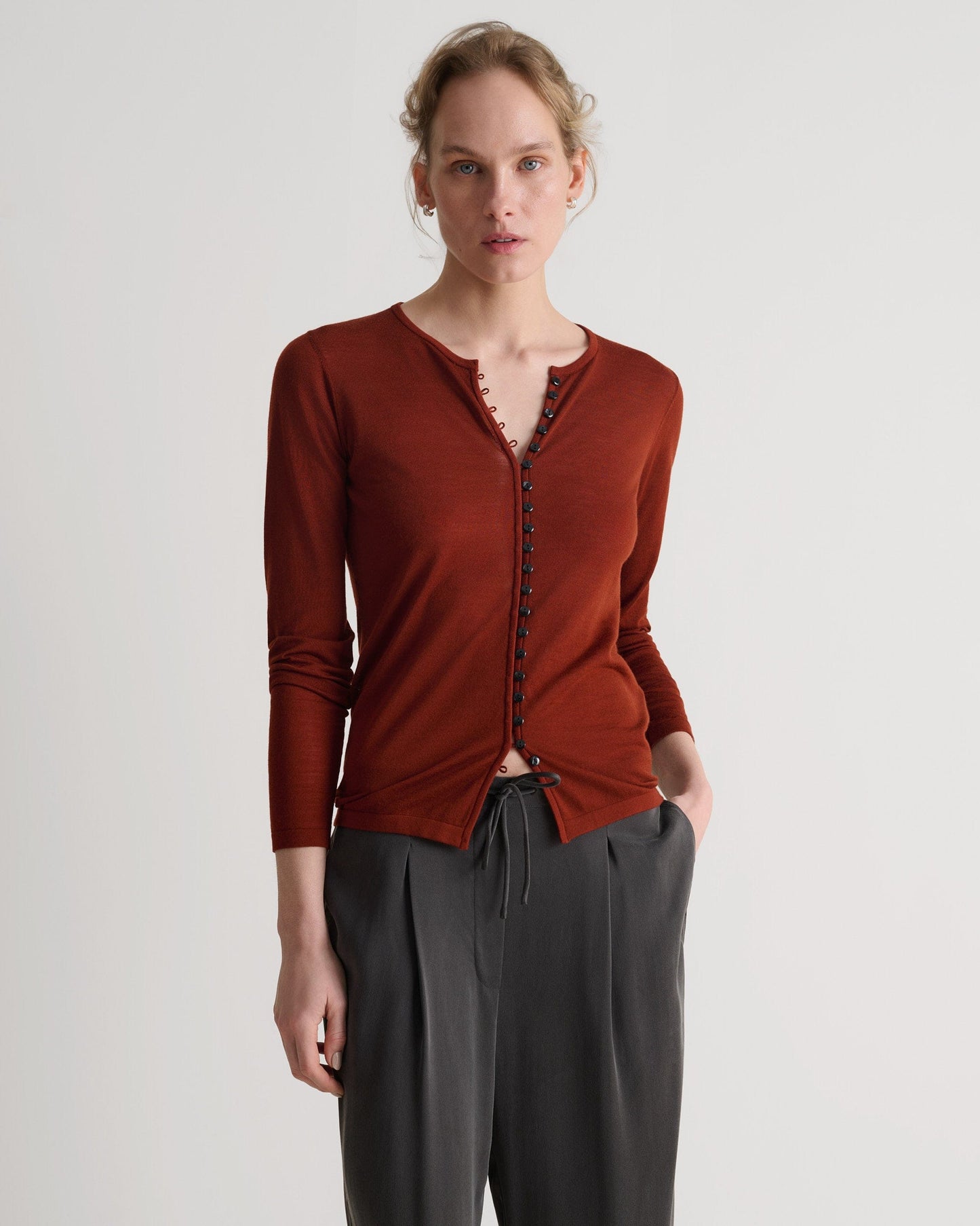 Women's Superfine Merino Button-Front Top - Burnt Sienna