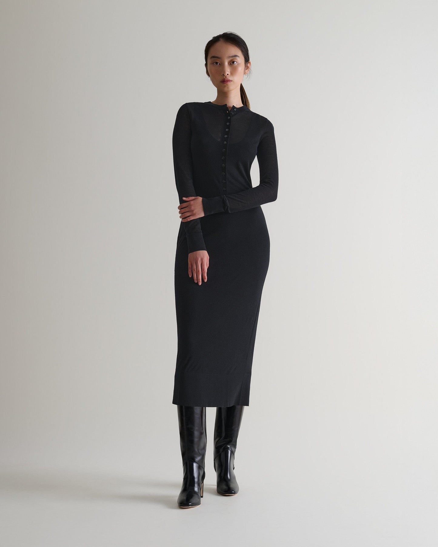 Women's TENCEL™ Cashmere Double Layered Button Dress - Black