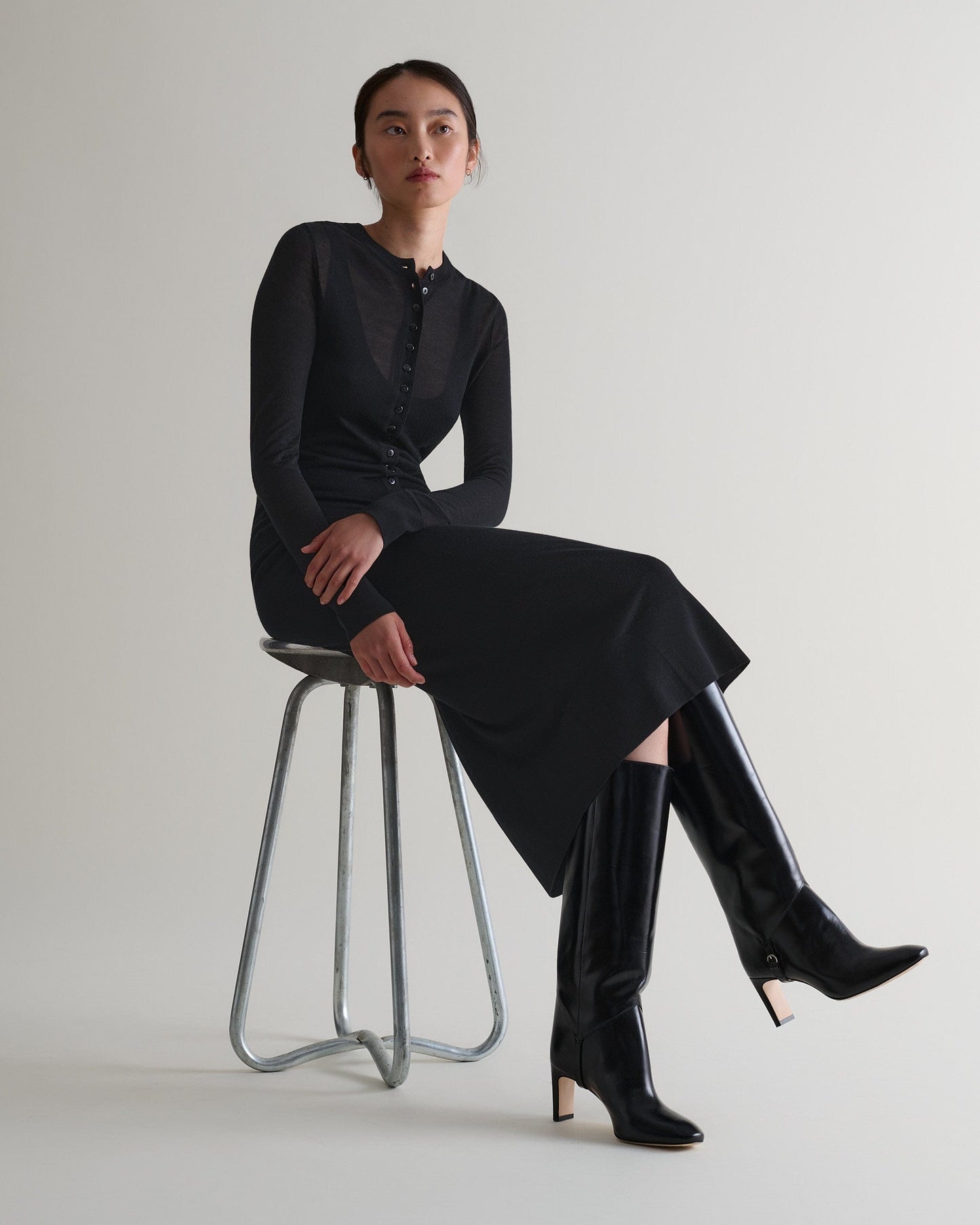 Women's TENCEL™ Cashmere Double Layered Button Dress - Black