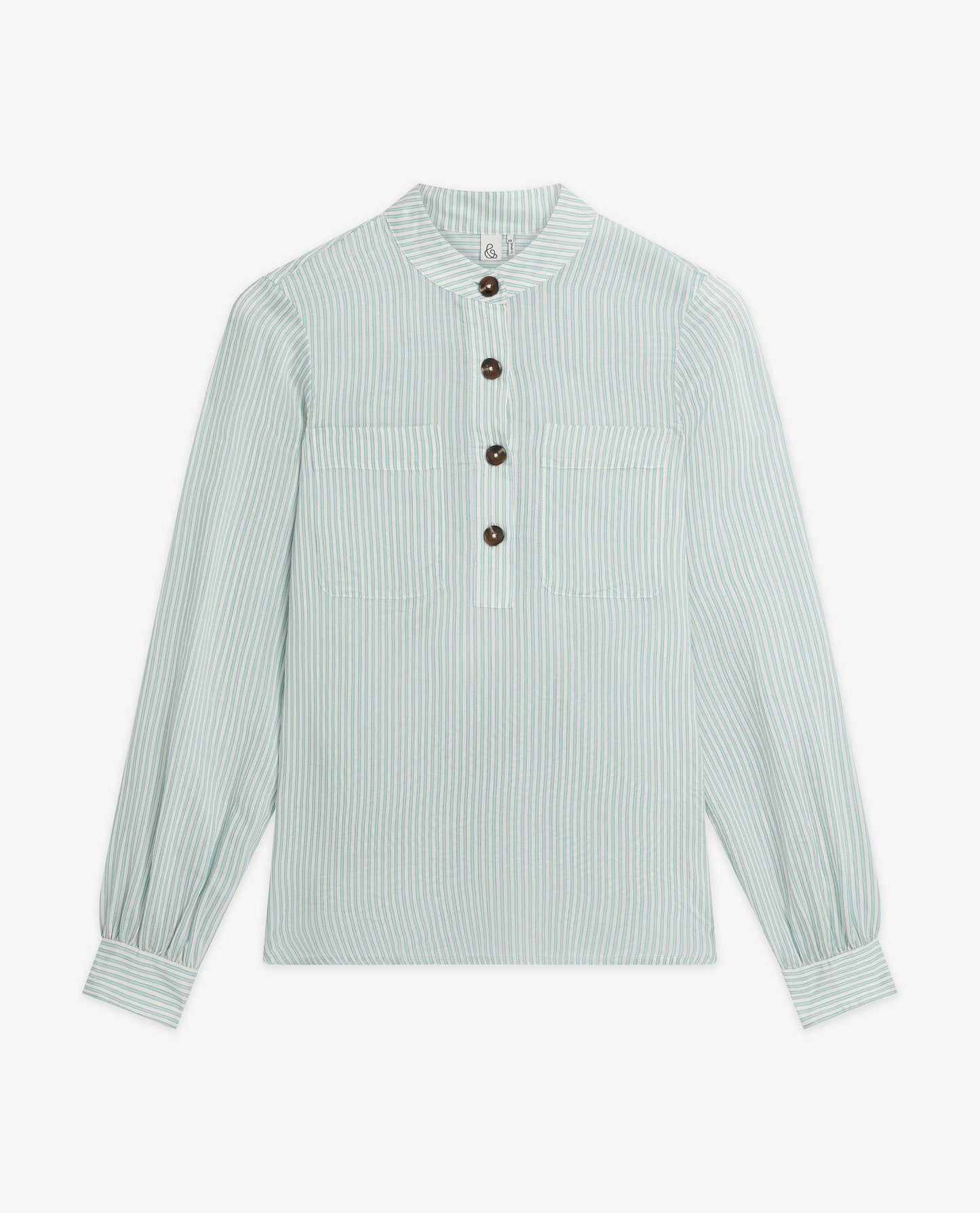 Women's Silk Stripe Grandad Collar Blouse - Blue Stripe