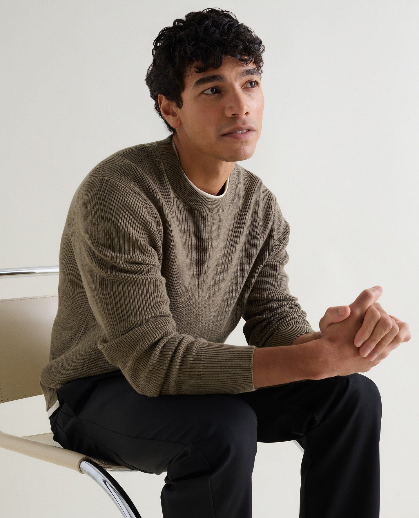 Men's Waffle Fisherman Crew Neck Jumper - Herb