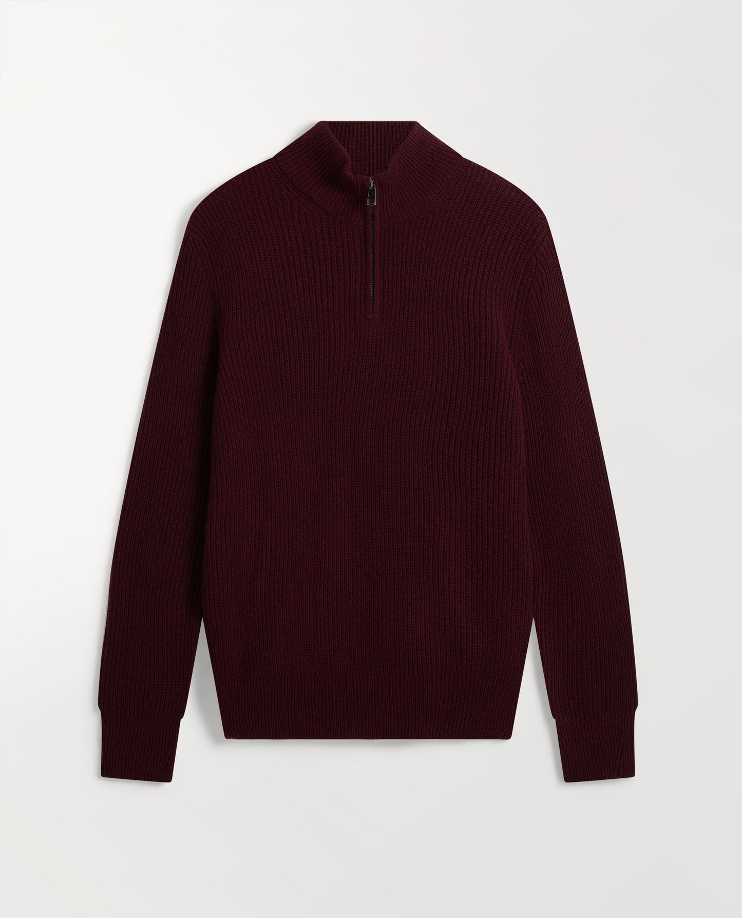 Image 2 of 4 showing Rise & Fall's Men's Cashmere Merino Fishermans Rib 1/4 Zip Jumper in oxblood.