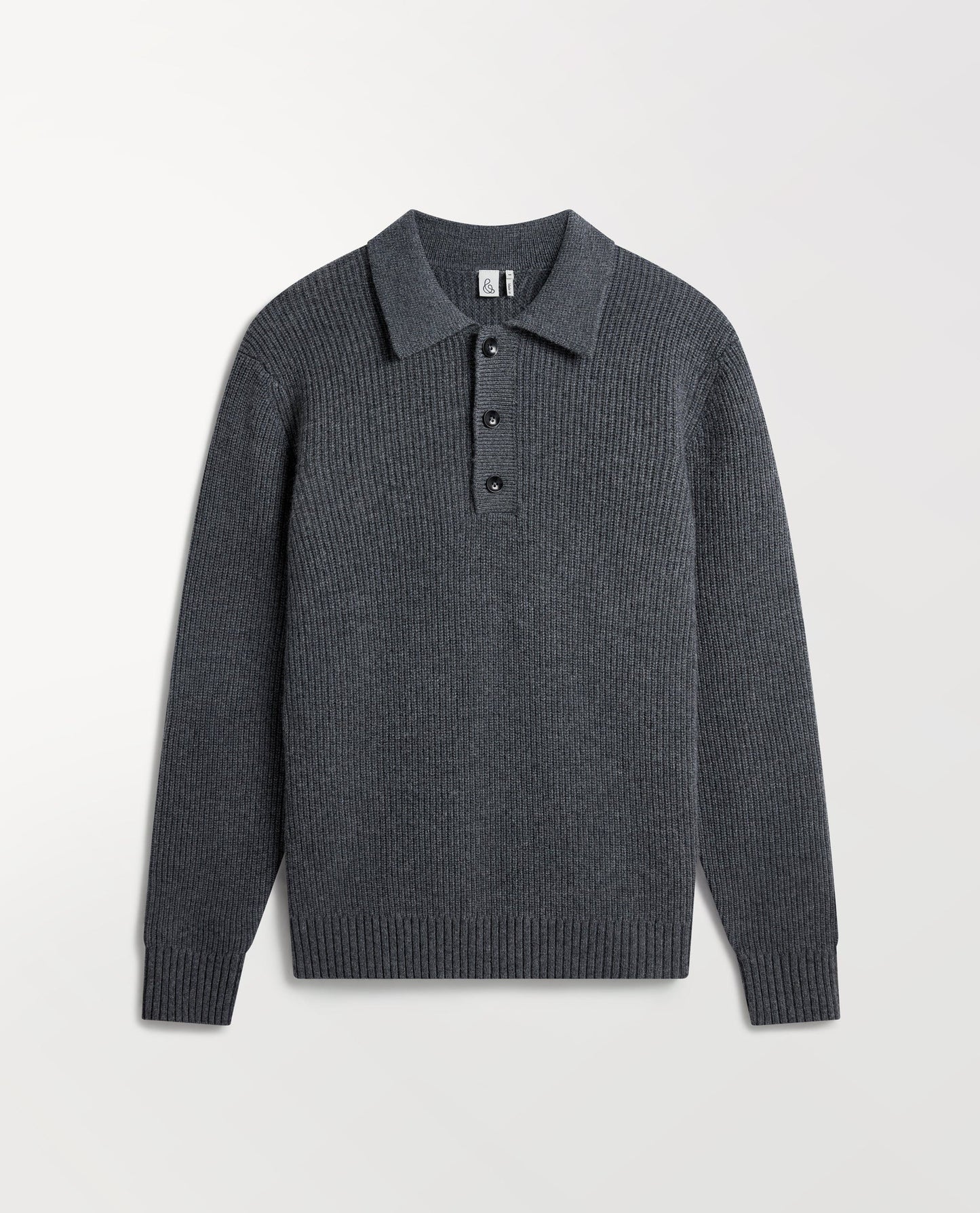 Image 2 of 5 showing Rise & Fall's graphite cashmere merino fisherman ribbed polo jumper