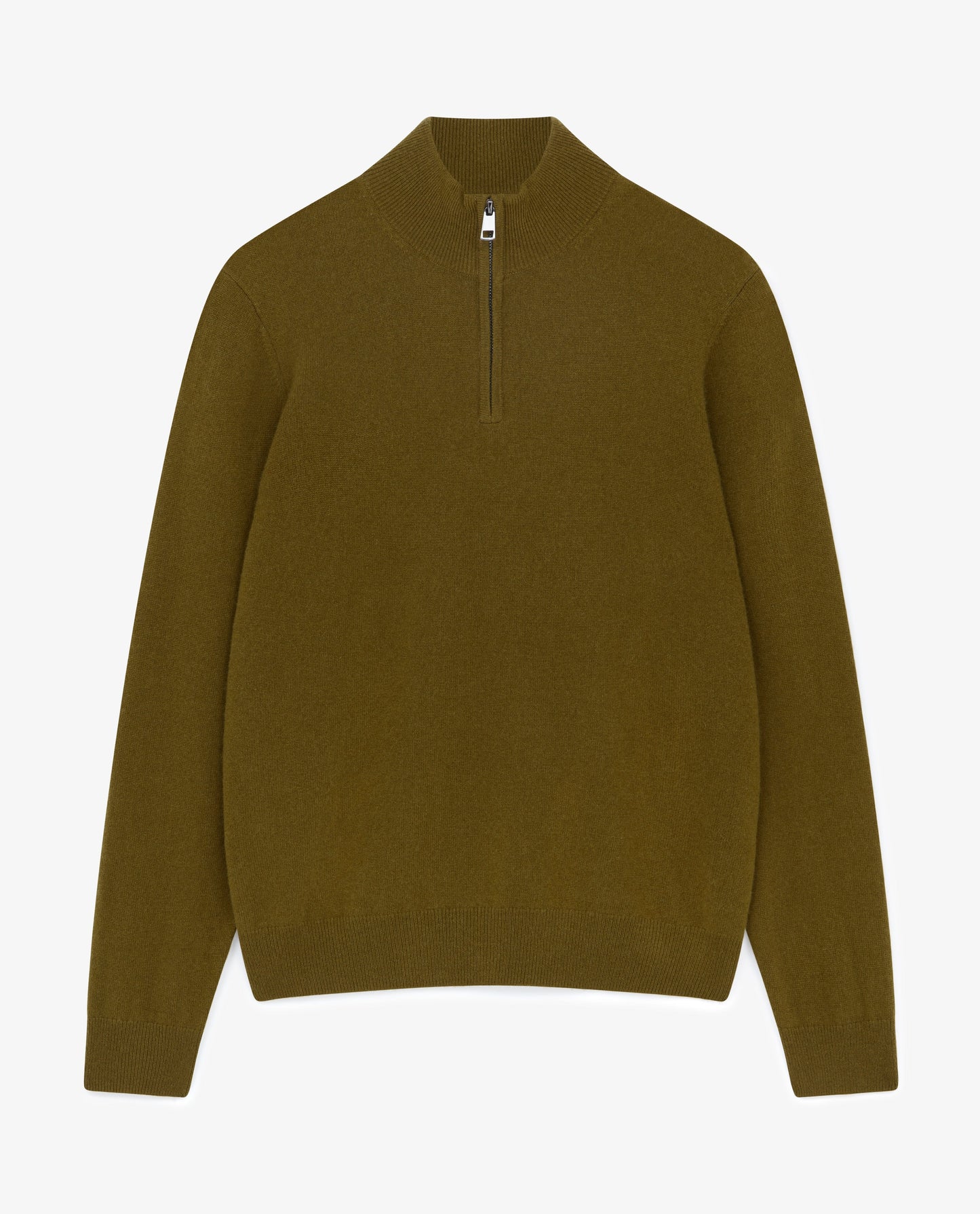 Image 2 of 5 showing Rise & Fall's fine cashmere 1/4 zip jumper, olive.