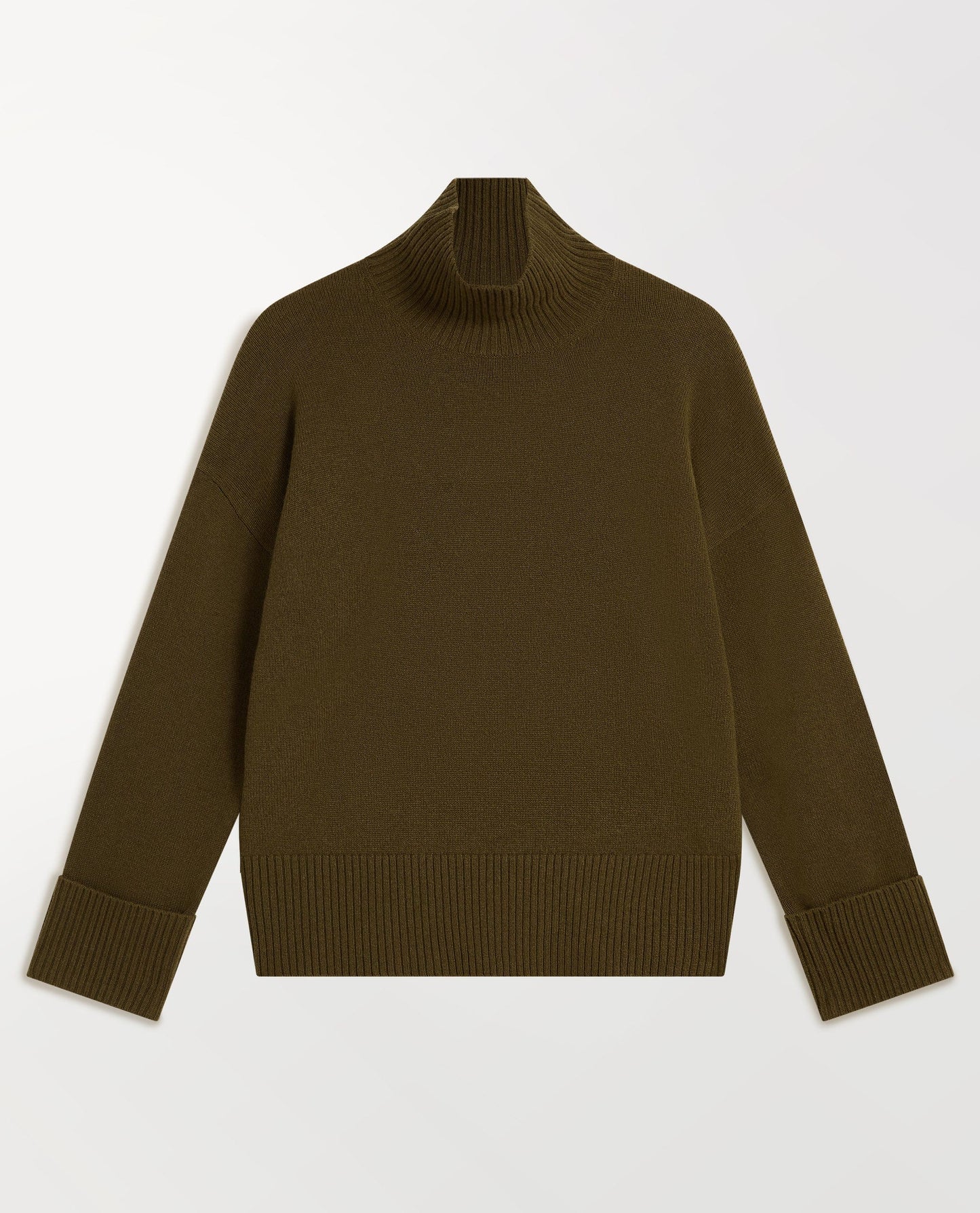Image 2 of 5 showing close up of Rise & Fall's cashmere merino high neck jumper in military green.