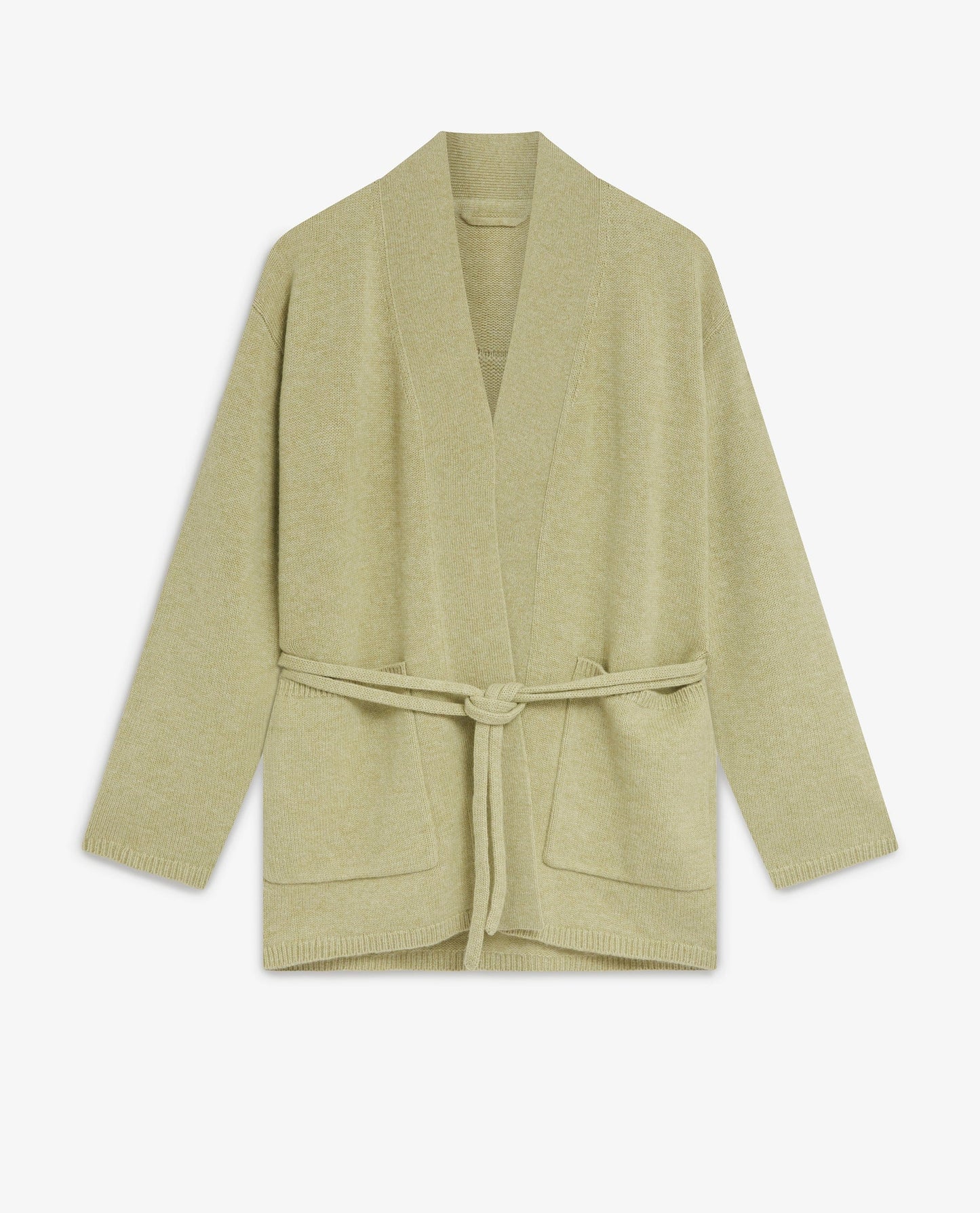 Image 2 of 5 showing Rise & Fall's lichen green cashmere merino belted cardigan.