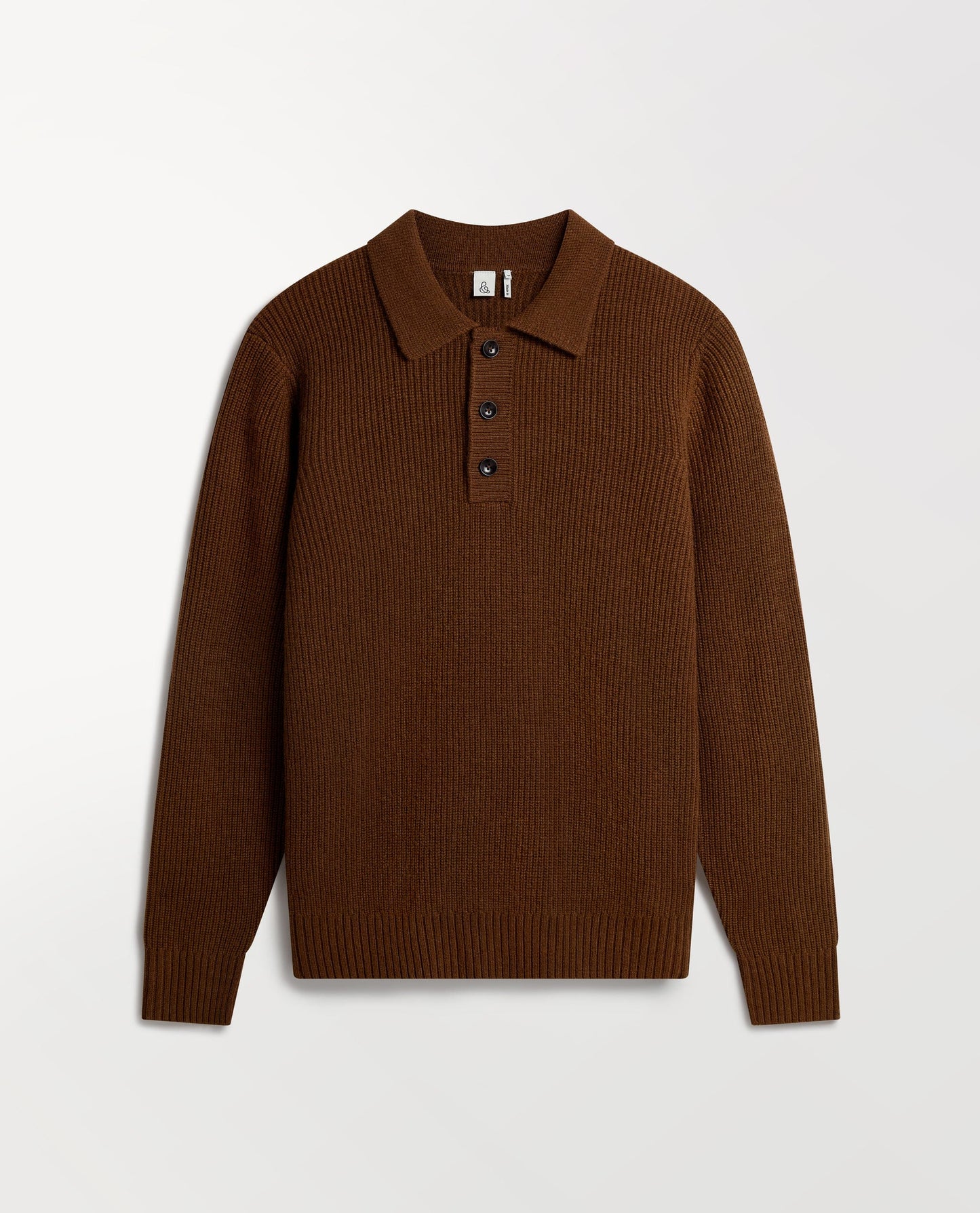 Image 2 of 6 showing Rise & Fall's burl brown cashmere merino ribbed fisherman polo.