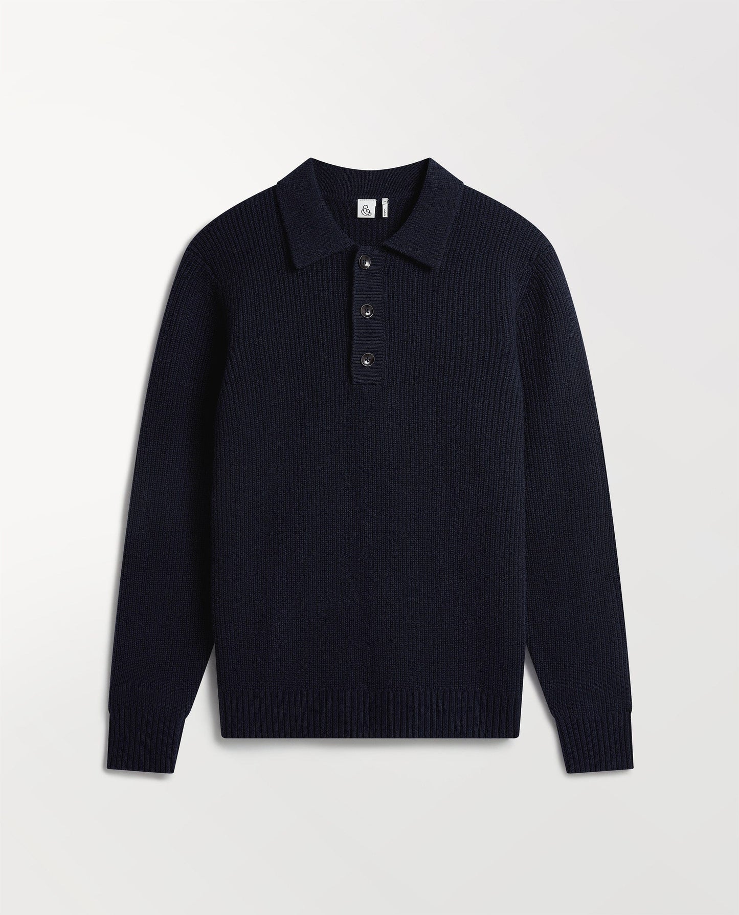 Image 2 of 6 showing Rise & Fall's indigo blue cashmere merino ribbed fisherman polo.