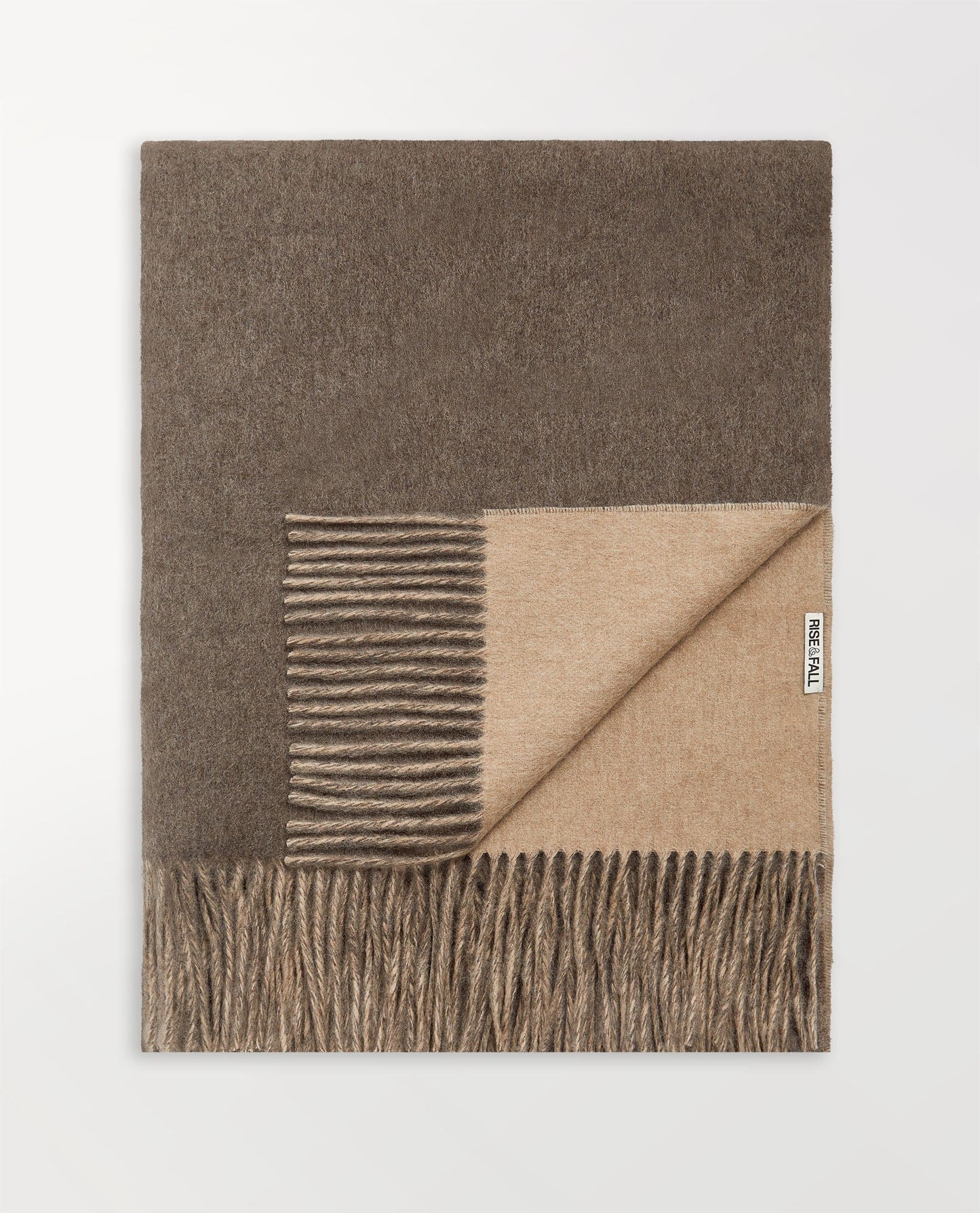 Image 4 of 7 showing Rise & Fall's finest cashmere double faced wrap, colour: mole and twine.