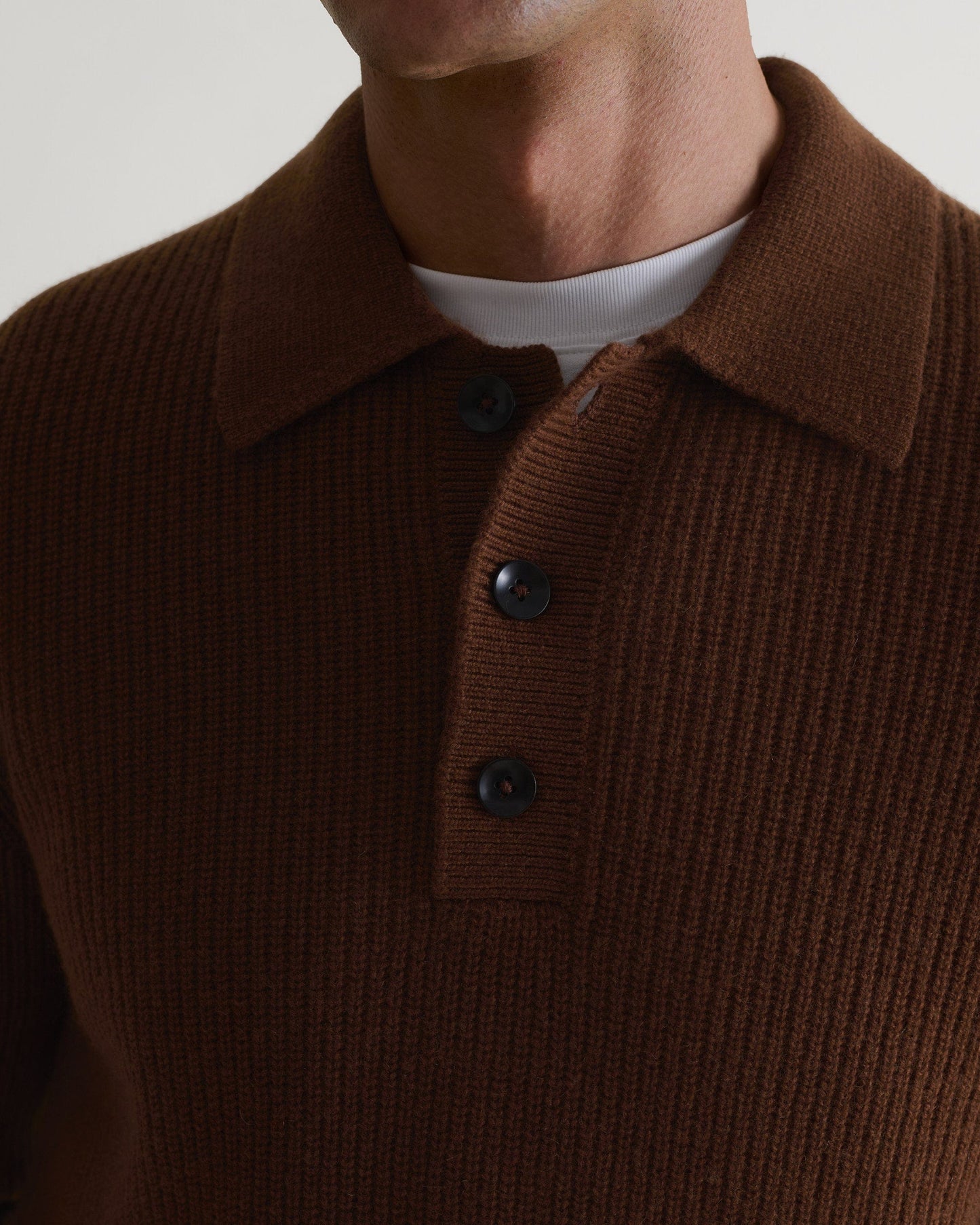 Image 6 of 6 showing close up of man wearing Rise & Fall's brown cashmere merino ribbed fisherman buttoned polo with white crew neck T-shirt.