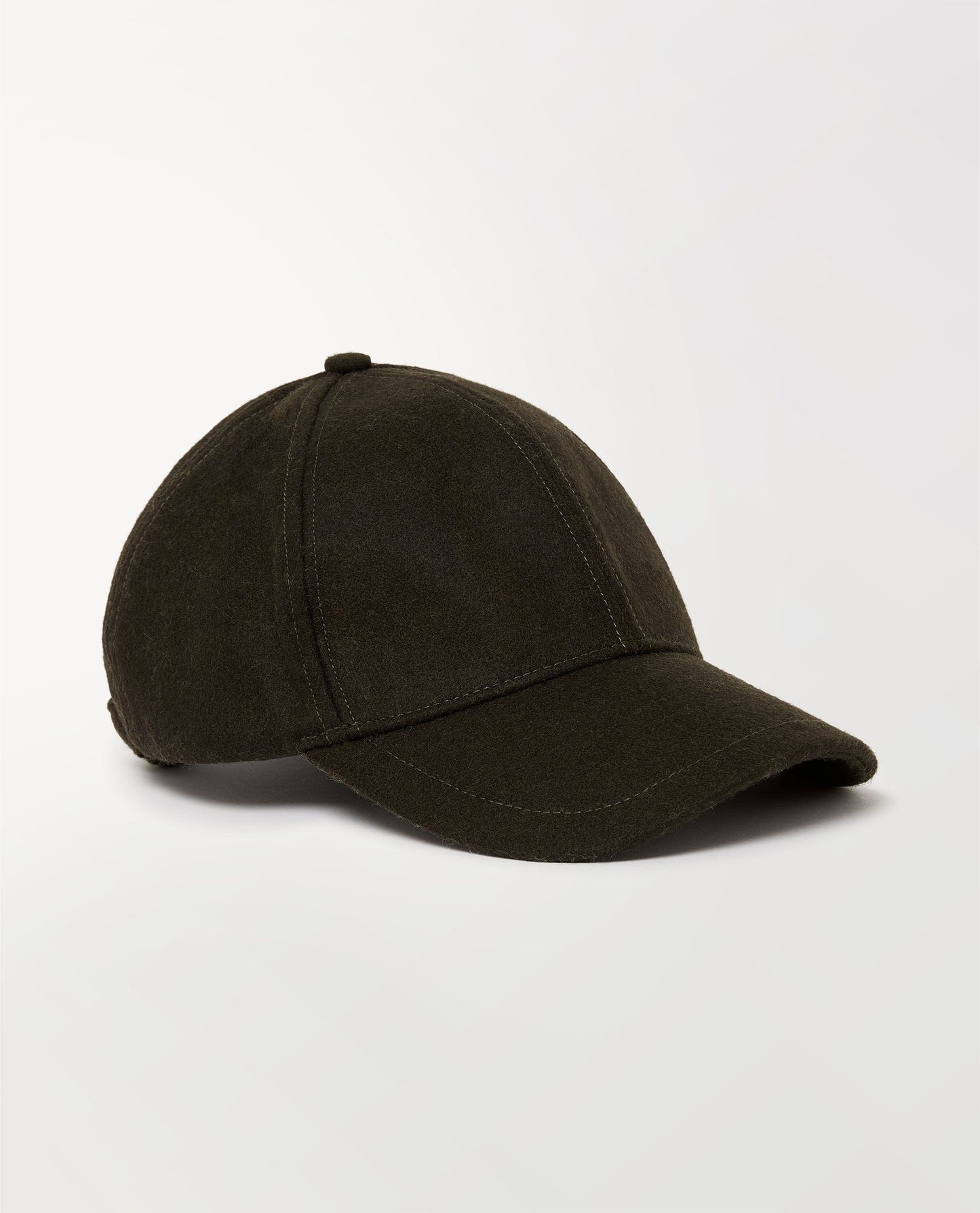 Close up of Rise & Fall's cashmere merino wool baseball cap in military green