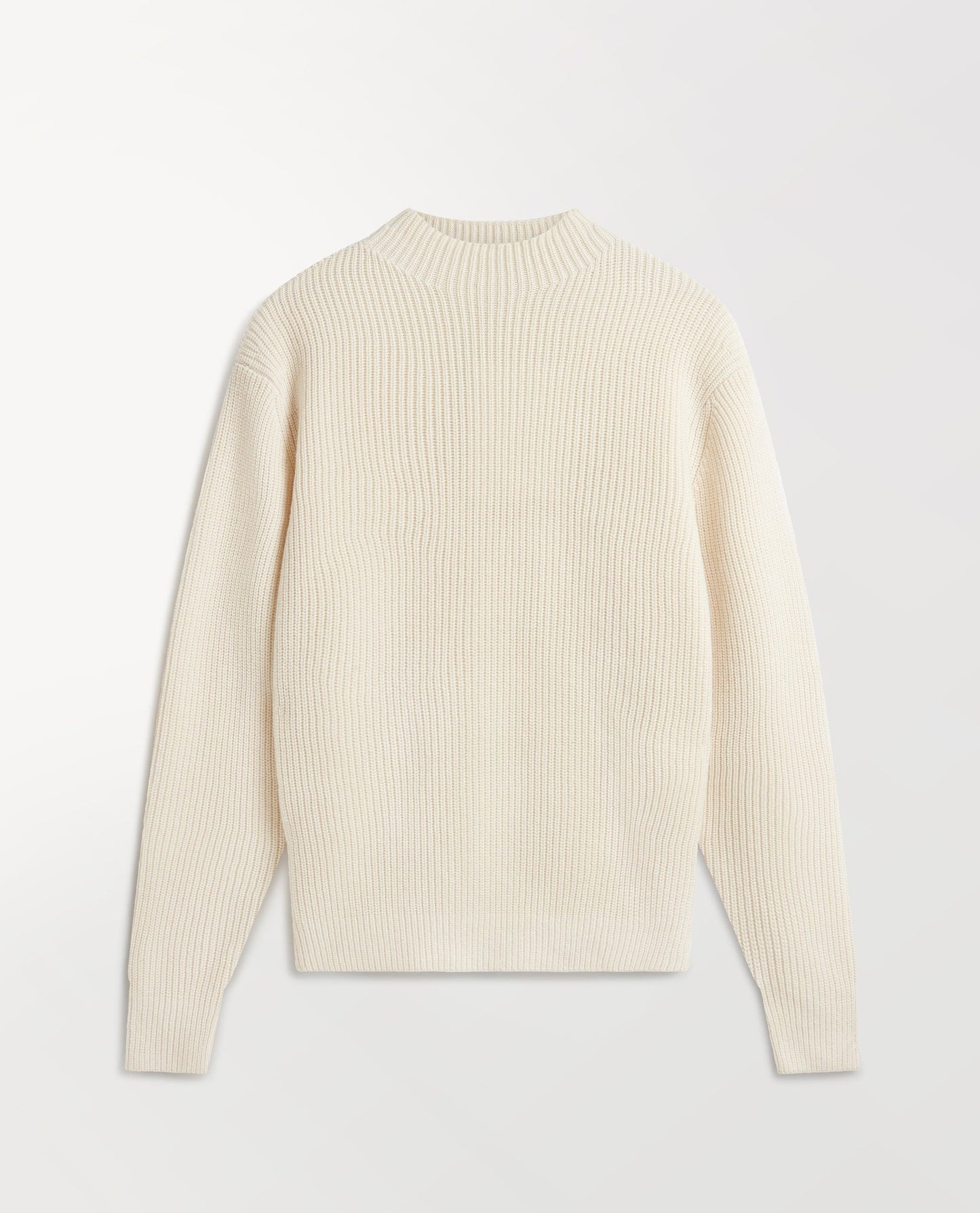 Close up of Rise & Fall's cream cashmere merino stand neck jumper.