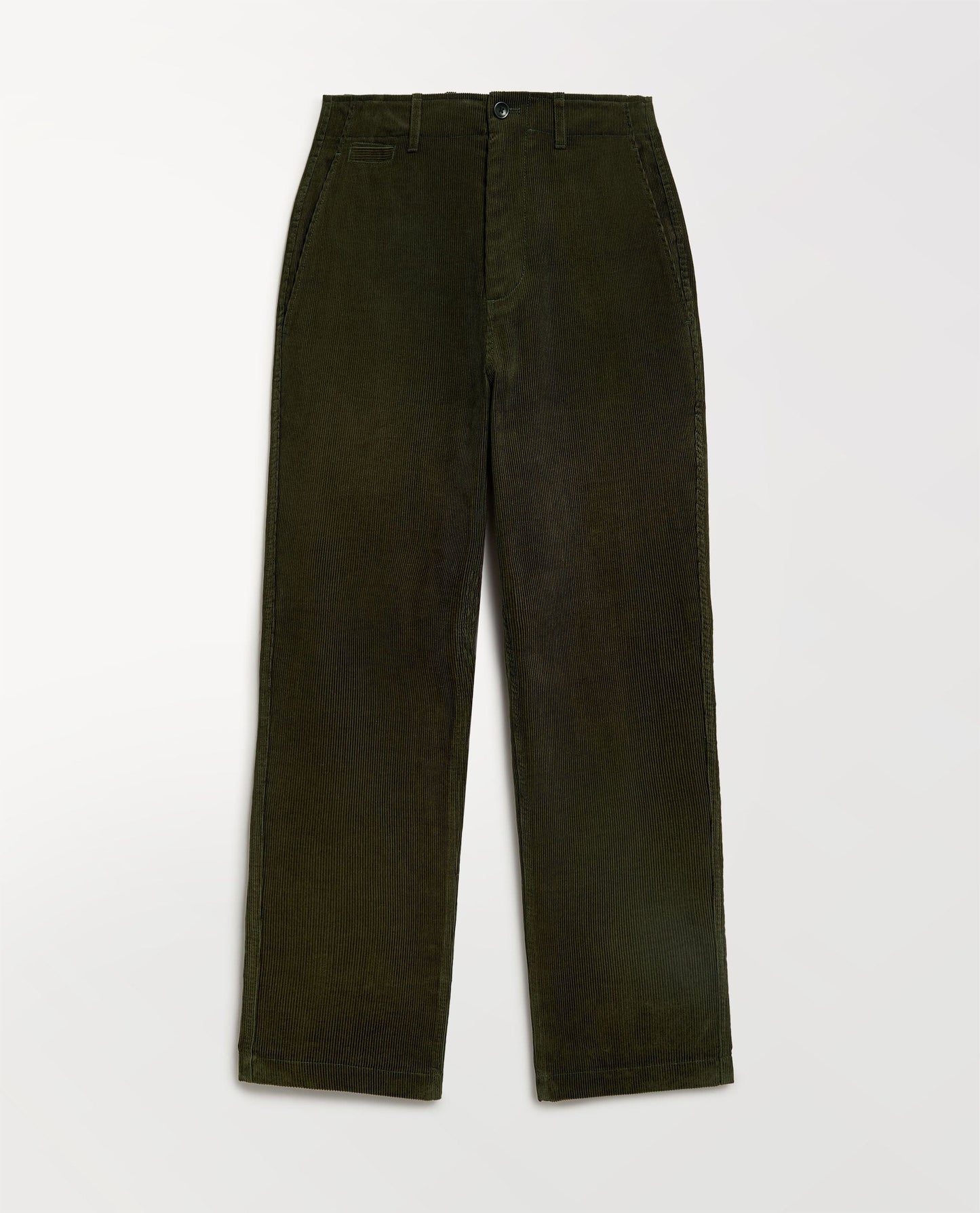 Close up of Rise & Fall's military green corduroy trousers.