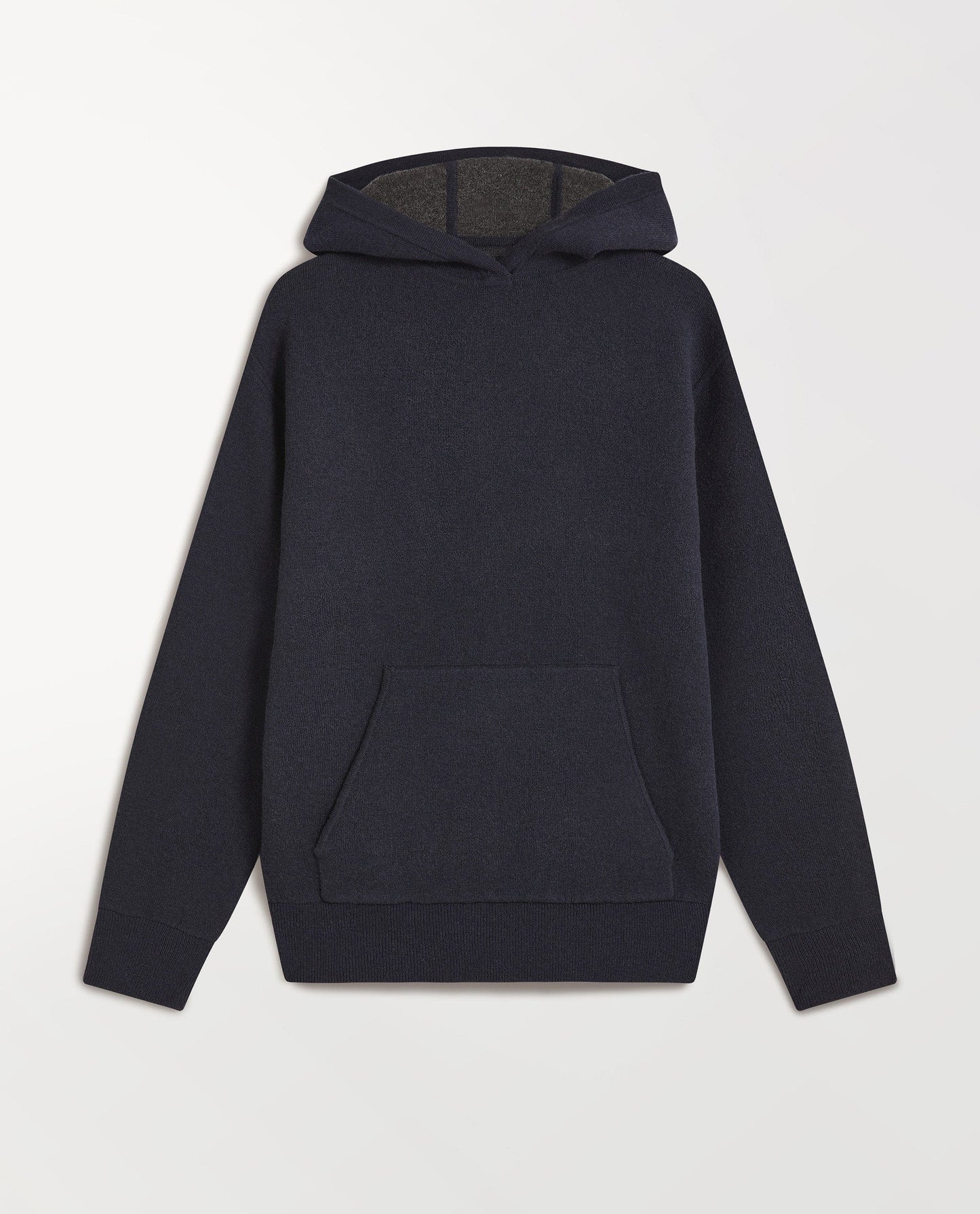 Close up Rise & Fall's navy cashmere merino double-faced hoodie.