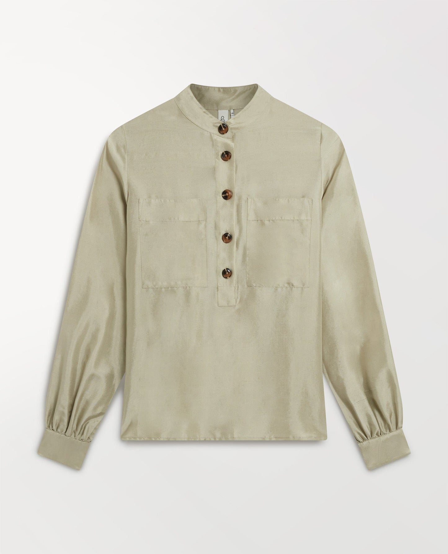 Women's Silk Dupion Grandad Collar Blouse - Dried Sage