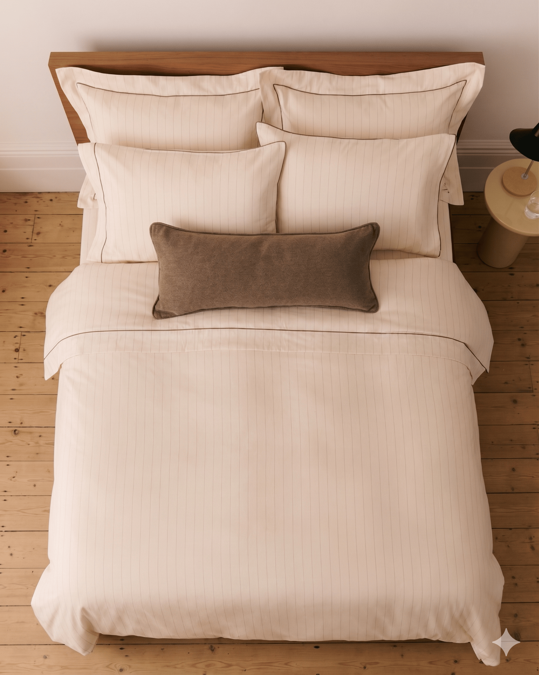 Overhead view of a bed dressed in Rise & Fall's Buttermilk Stripe Bed Linen Set.