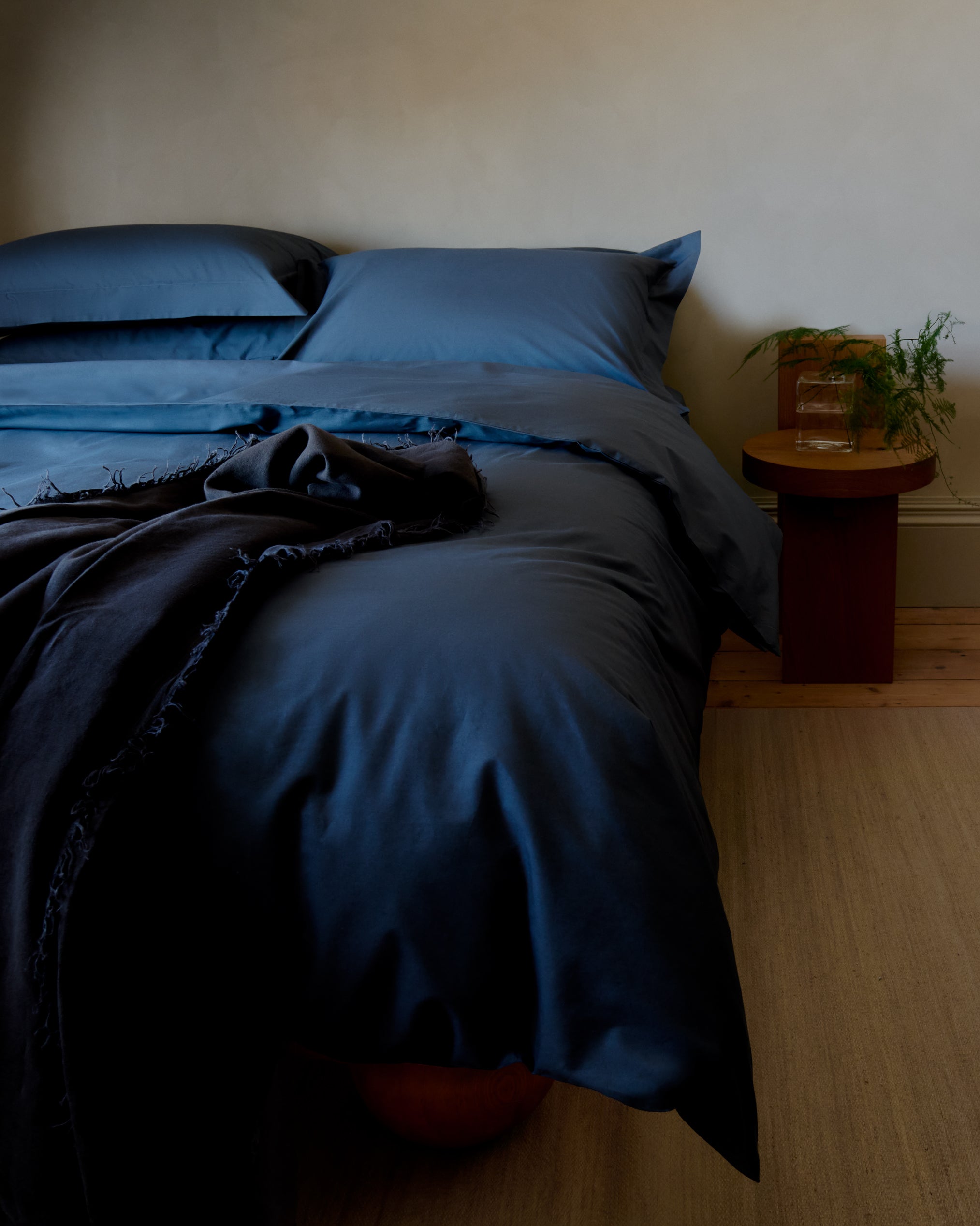 Deep blue bed linen. 