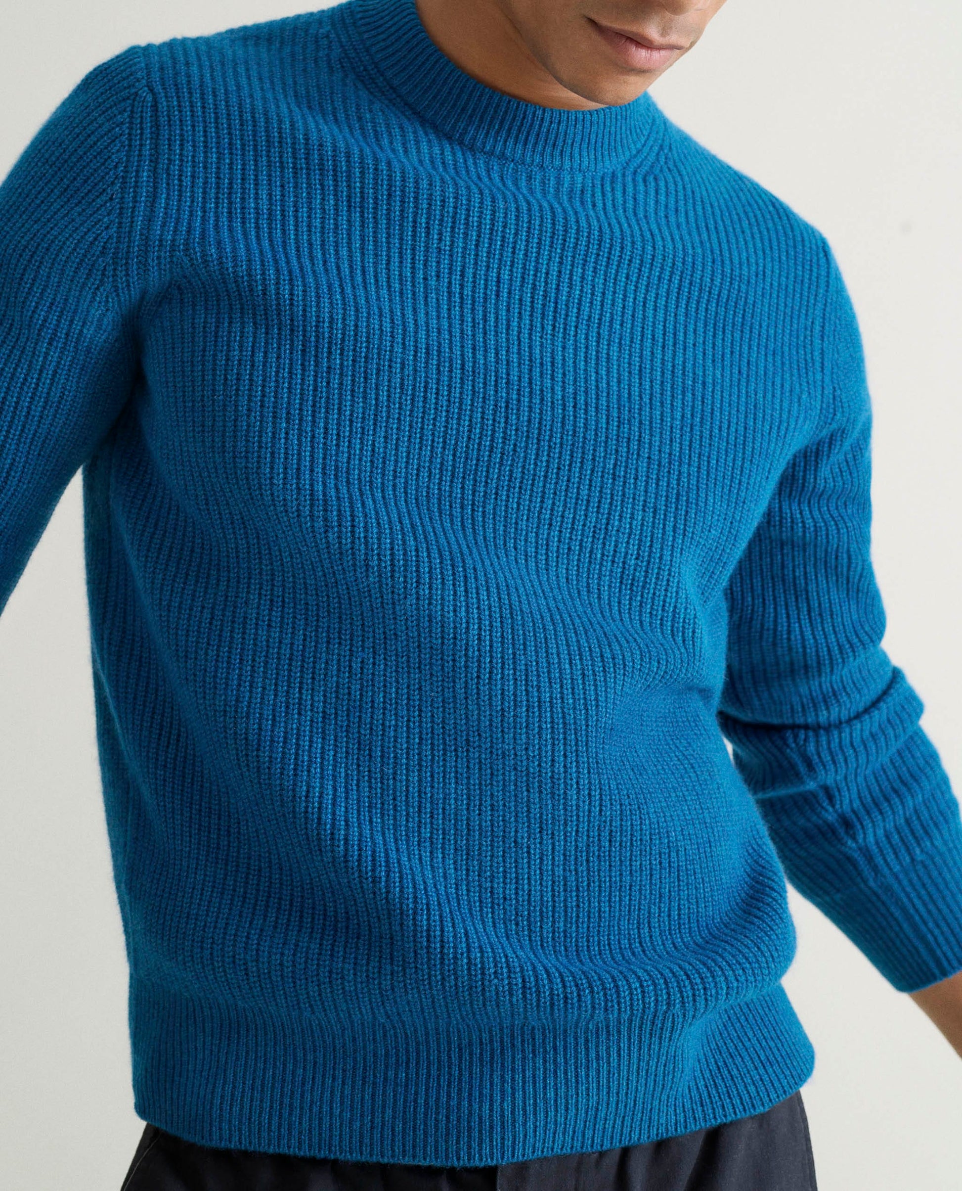 Viridian Blue Cashmere Merino Fishermans Rib Crew Neck Jumper