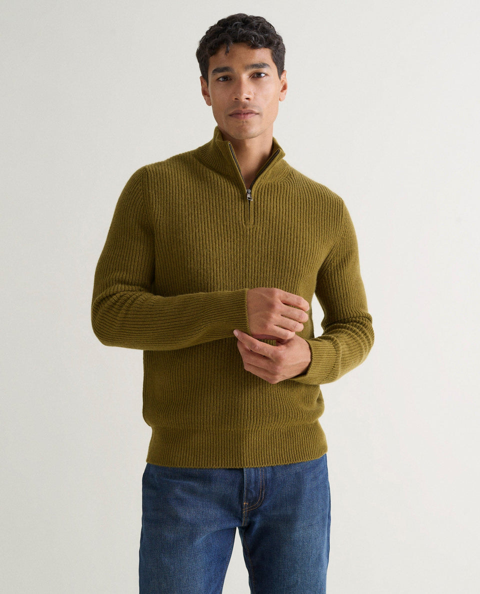 Men's Cashmere Merino Fishermans Rib 1/4 Zip Jumper - Olive