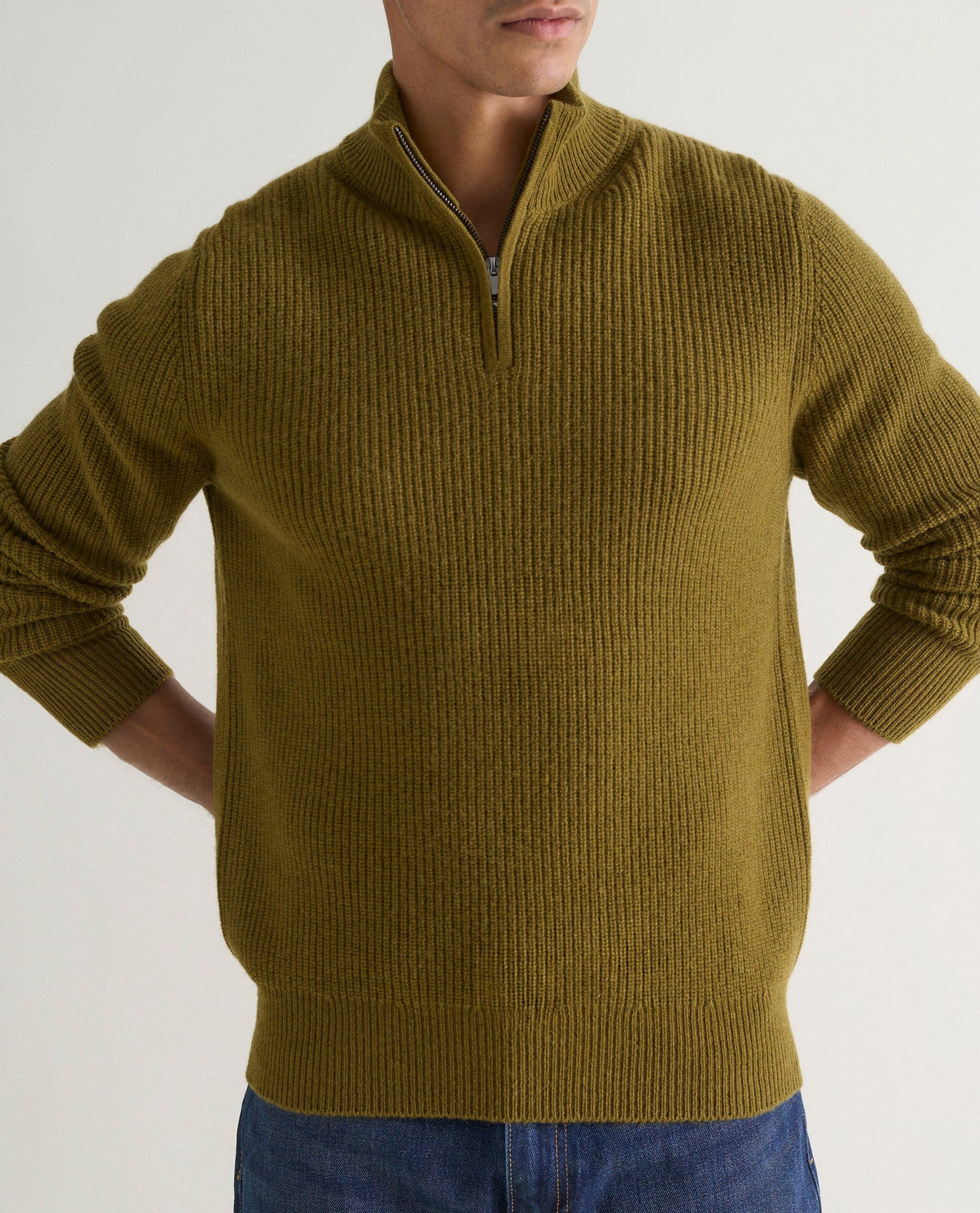 Men's Cashmere Merino Fishermans Rib 1/4 Zip Jumper - Olive