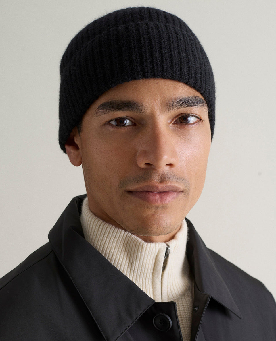 Men's Cashmere Merino Ribbed Knit Beanie - Black