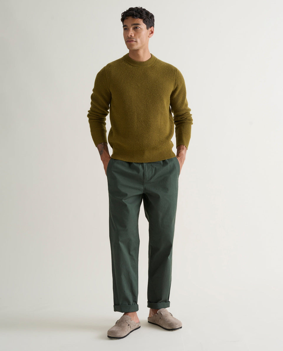 Men's Cashmere Merino Fishermans Rib Crew Neck Jumper - Olive