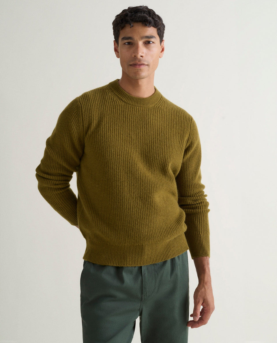 Men's Cashmere Merino Fishermans Rib Crew Neck Jumper - Olive