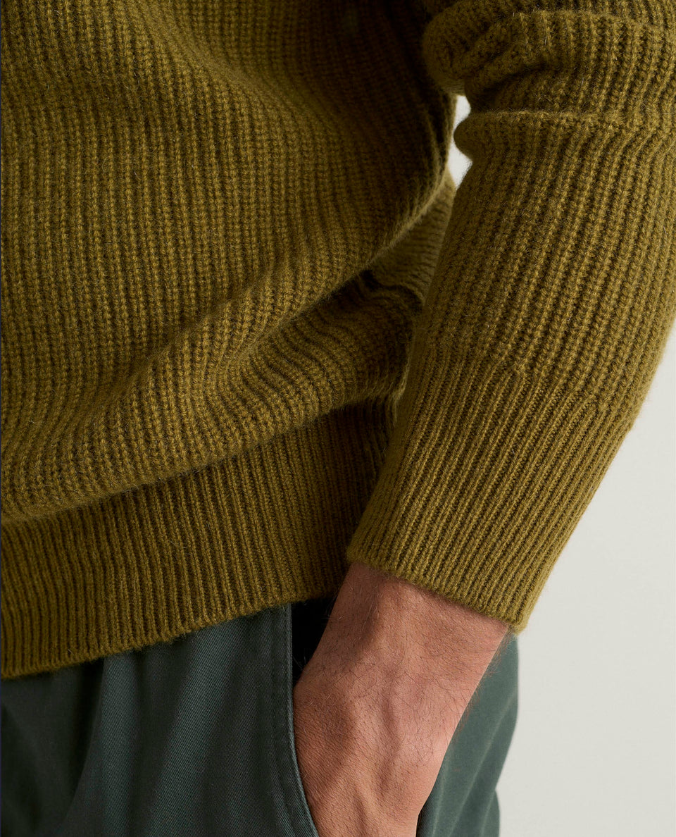 Men's Cashmere Merino Fishermans Rib Crew Neck Jumper - Olive