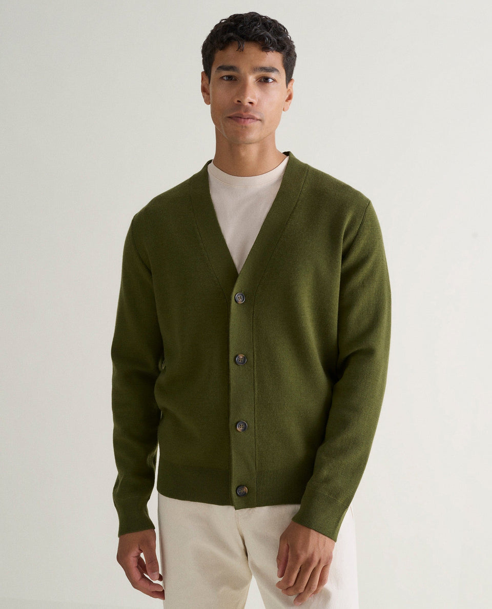 Men's Merino V Neck Cardigan - Olive