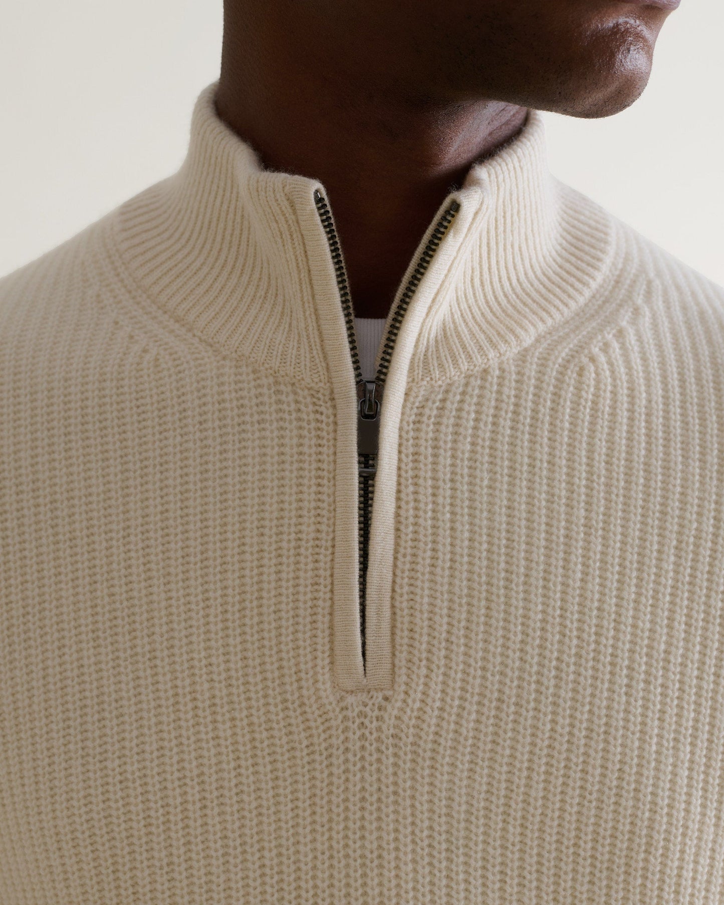 Men's Cashmere Merino Fishermans Rib 1/4 Zip Jumper - Buttermilk