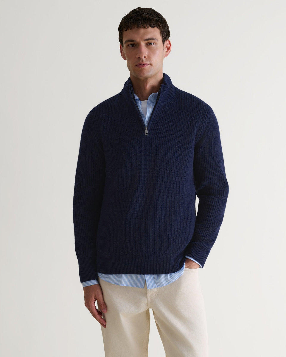 Men's Cashmere Merino Fishermans Rib 1/4 Zip Jumper - Navy
