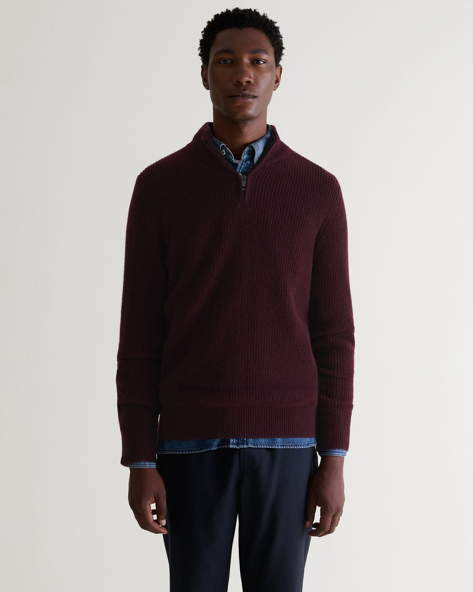 Men's Cashmere Merino Fishermans Rib 1/4 Zip Jumper - Oxblood