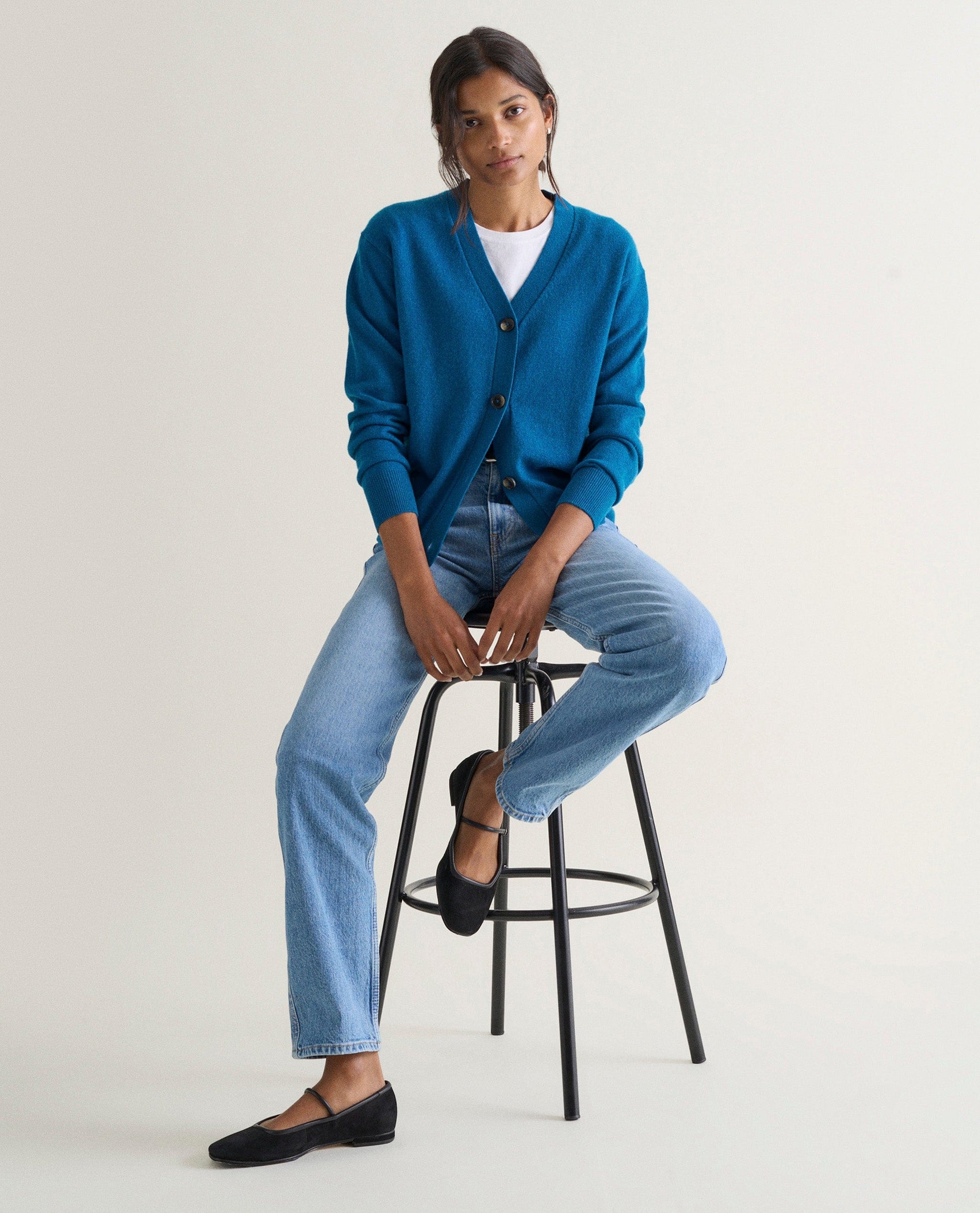 Women's Finest Cashmere Knitted V Neck Cardigan - Viridian Blue