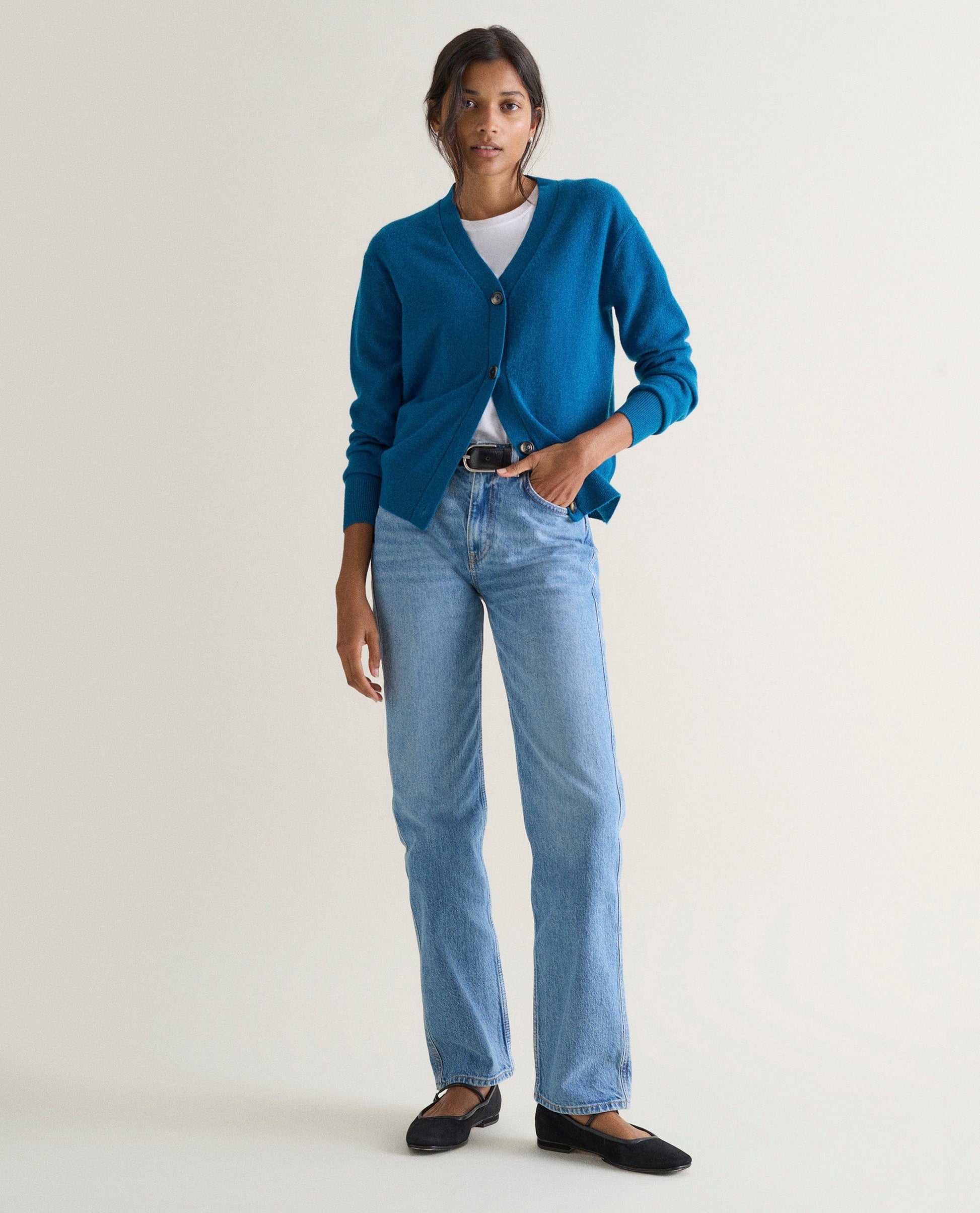 Women's Finest Cashmere Knitted V Neck Cardigan - Viridian Blue