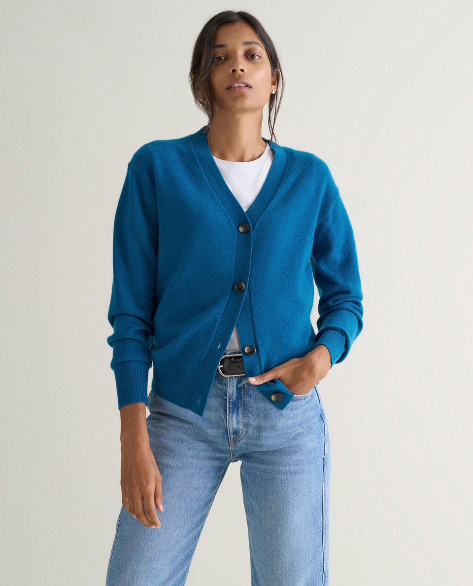 Women's Finest Cashmere Knitted V Neck Cardigan - Viridian Blue