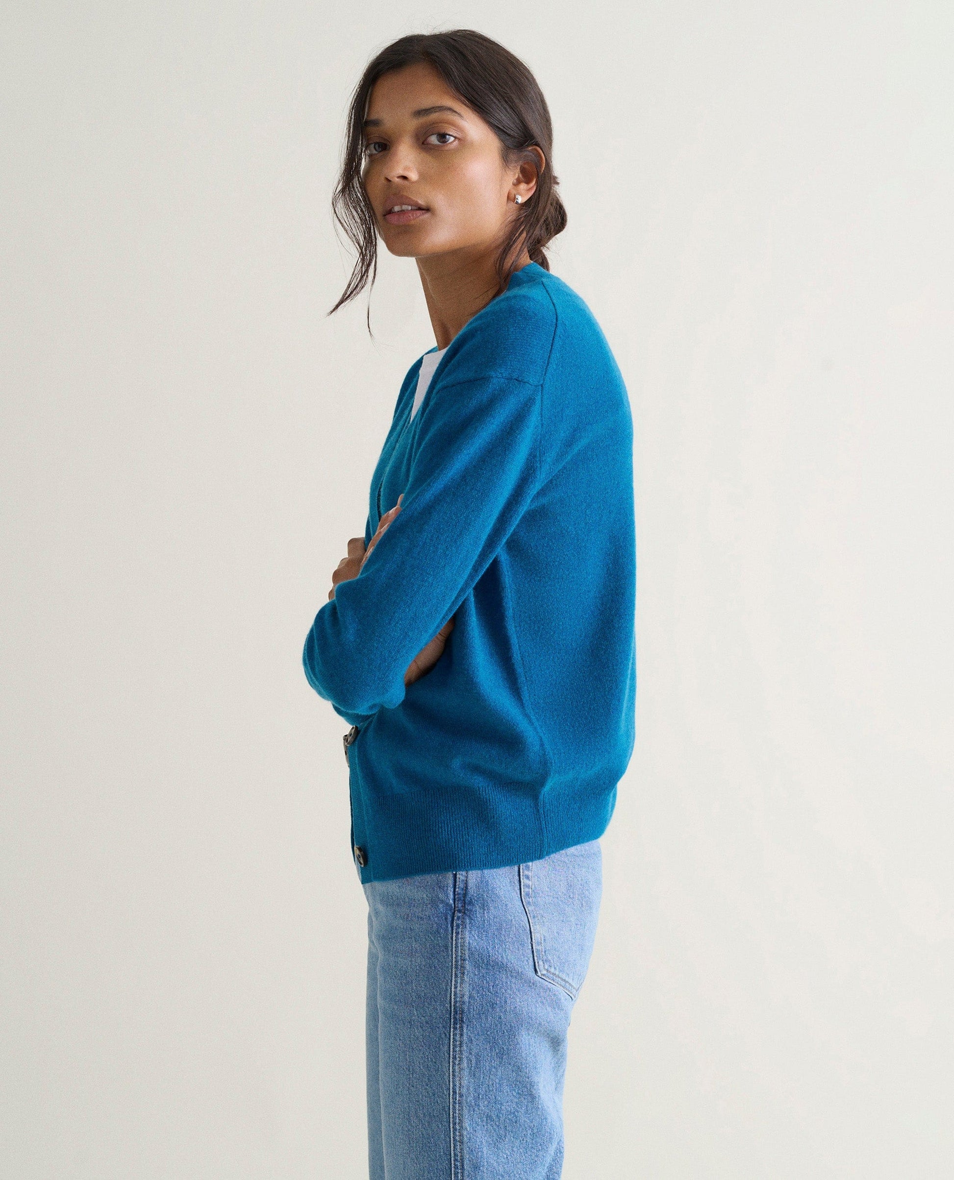 Women's Finest Cashmere Knitted V Neck Cardigan - Viridian Blue